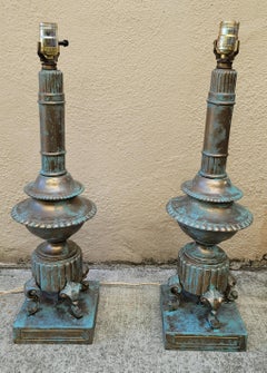 1970s Faux Verdigris Finish Brass Urn Lamps - a Pair
