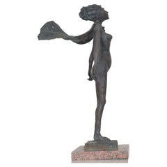 1970s Fearless Female Nude with Cape Cast Bronze Art