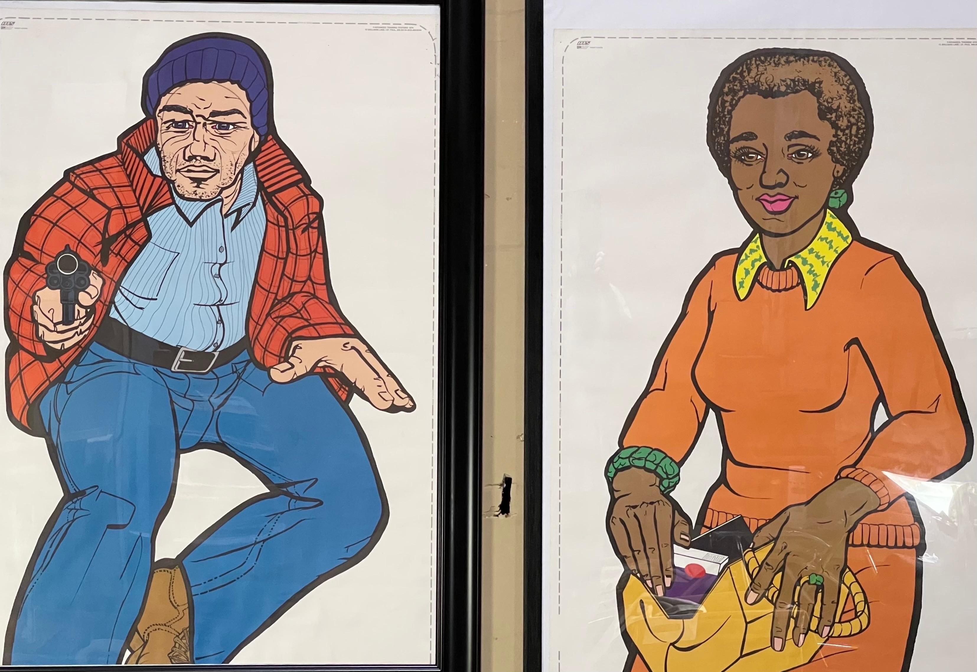 Very cool and rare pair of 1974 Federal Law Enforcement Target Covers. The posters are in nice vintage shape. The frames are cheap and plastic - one has a break in the center (guy/perp) and one is larger than the other. The frames are 40.5 & 40.25