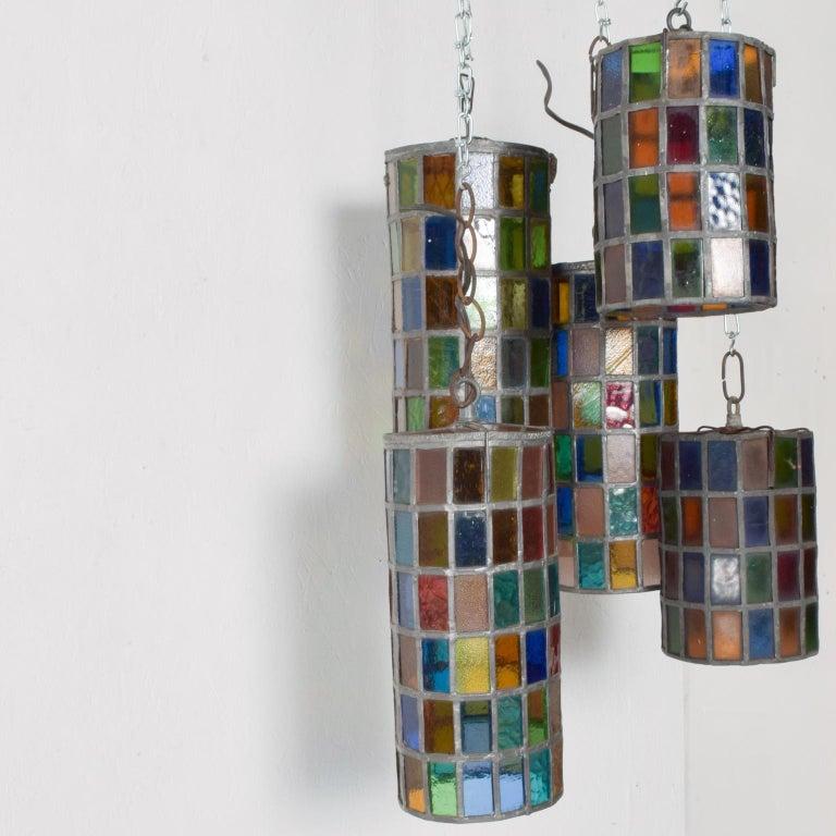 Mid-Century Modern 1970s Feders Felipe Delfinger Stained Glass Iron Pendant Lamp Set of 5
