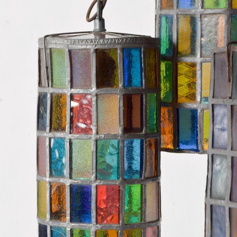 Mexican 1970s Feders Felipe Delfinger Stained Glass Iron Pendant Lamp Set of 5