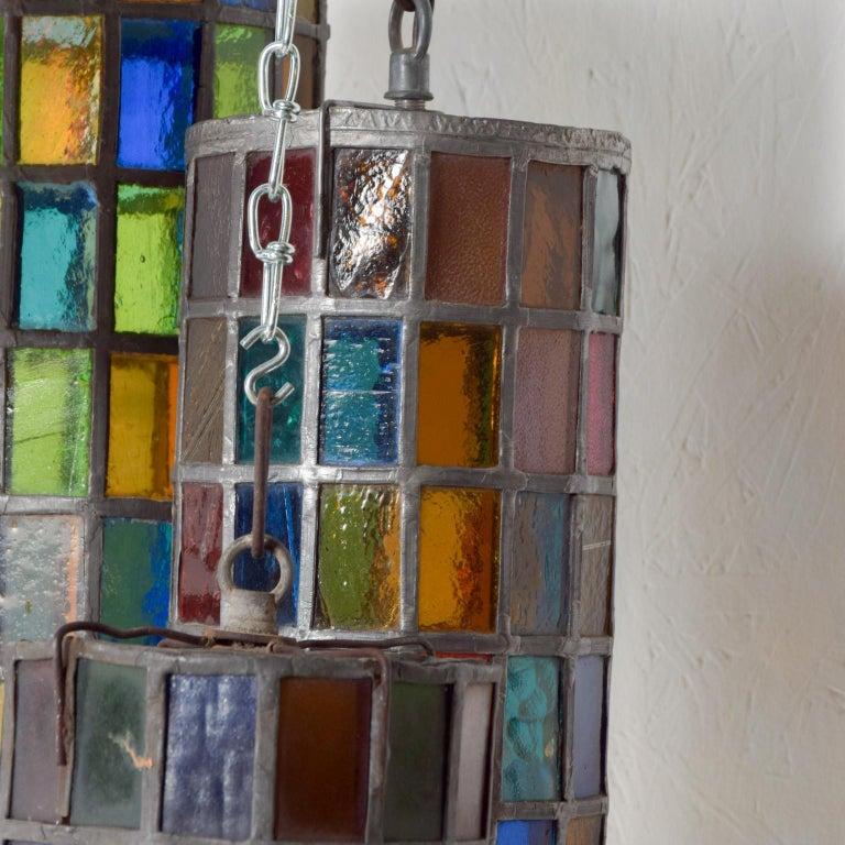 Late 20th Century 1970s Feders Felipe Delfinger Stained Glass Iron Pendant Lamp Set of 5