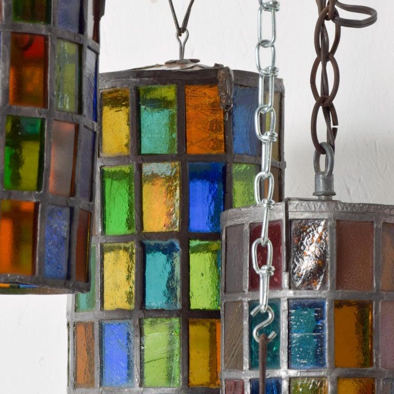 1970s Feders Felipe Delfinger Stained Glass Iron Pendant Lamp Set of 5 1