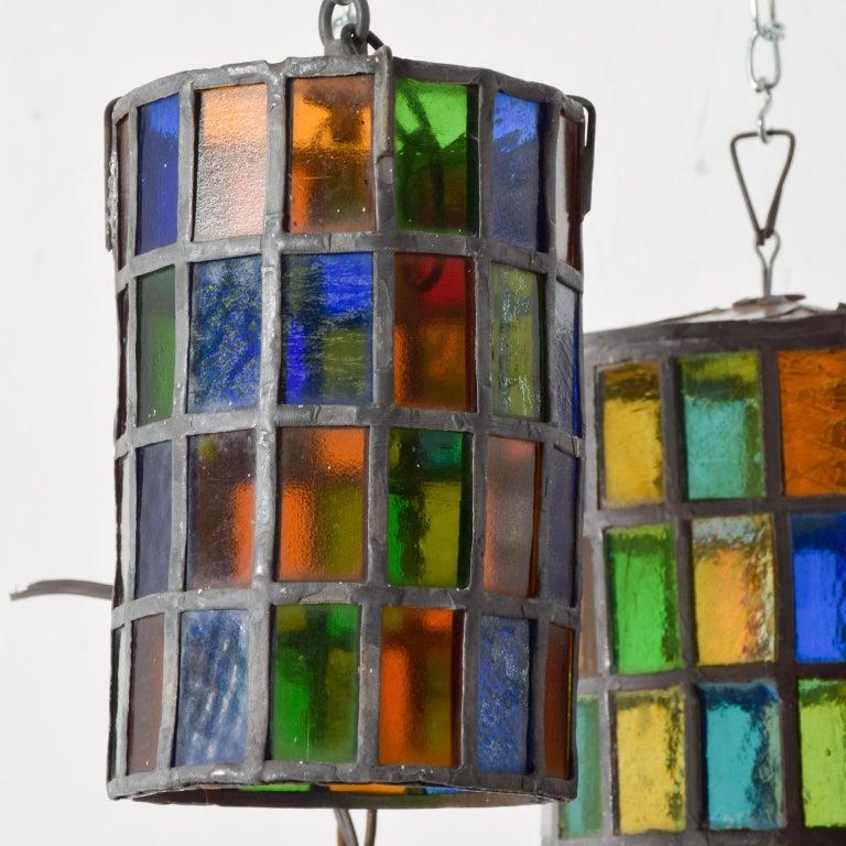 1970s Feders Felipe Delfinger Stained Glass Iron Pendant Lamp Set of 5 2