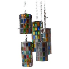 Retro 1970s Feders Felipe Delfinger Stained Glass Iron Pendant Lamp Set of 5