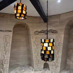 1970s Felipe Delfinger for Feders Brutalist Metal & Stained-Glass Pendants