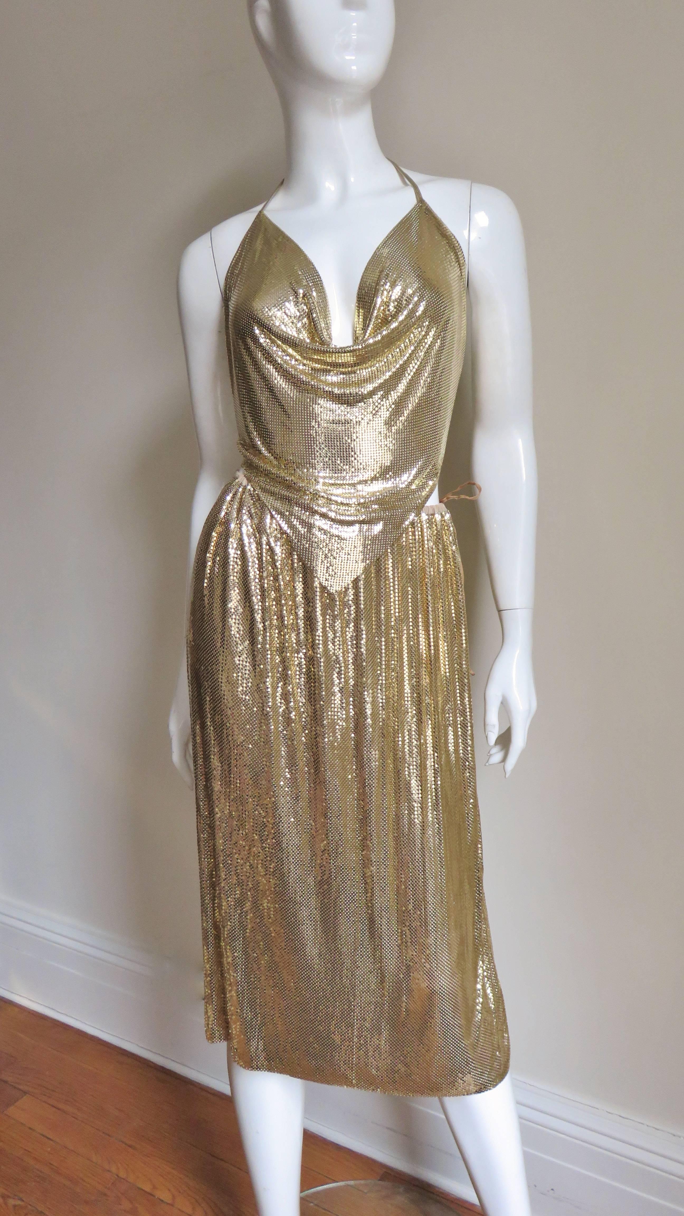 1970s Ferrara Gold Metal Mesh Chainmail 3 Piece Top, Skirt, & Halter In Excellent Condition In Water Mill, NY