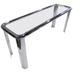 1970s Fine Fat Tubular Chrome and Glass Modern Console Table