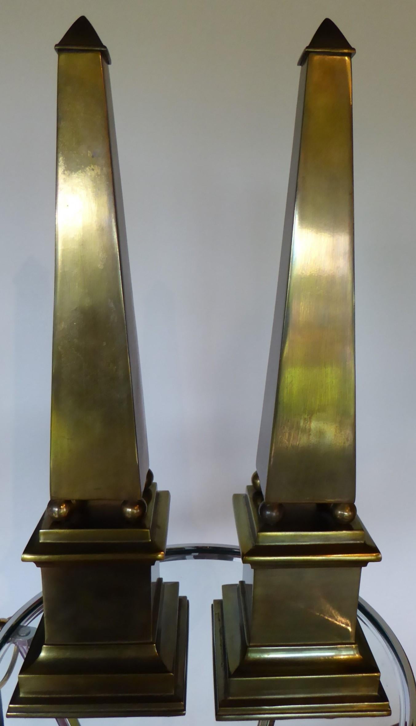 American 1970s Fine Modern French Empire Style Pair of Brass Obelisks