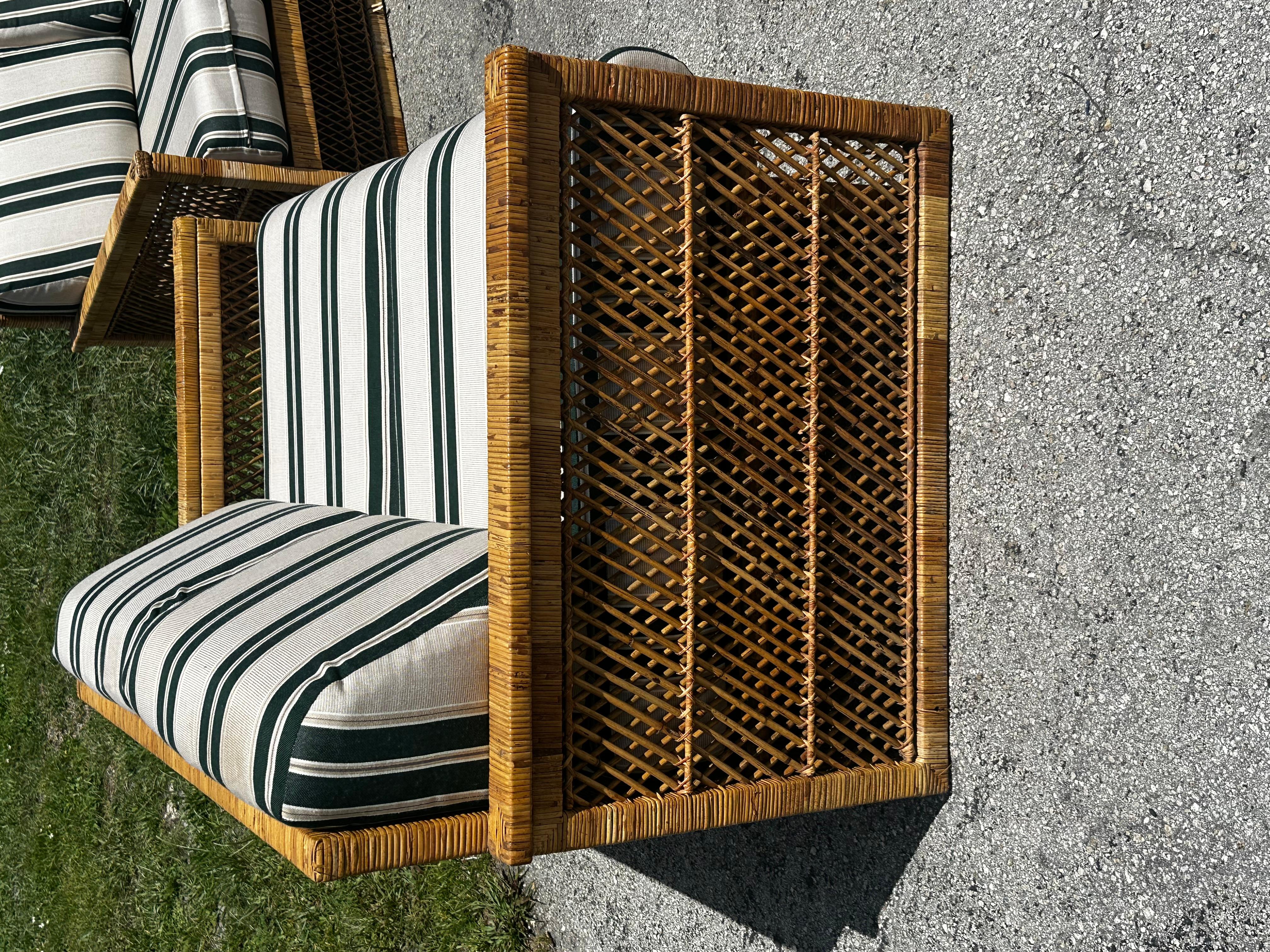 1970s Fine Rattan Green White Stripes McGuire Style Settee Sofa, set of 2 For Sale 6