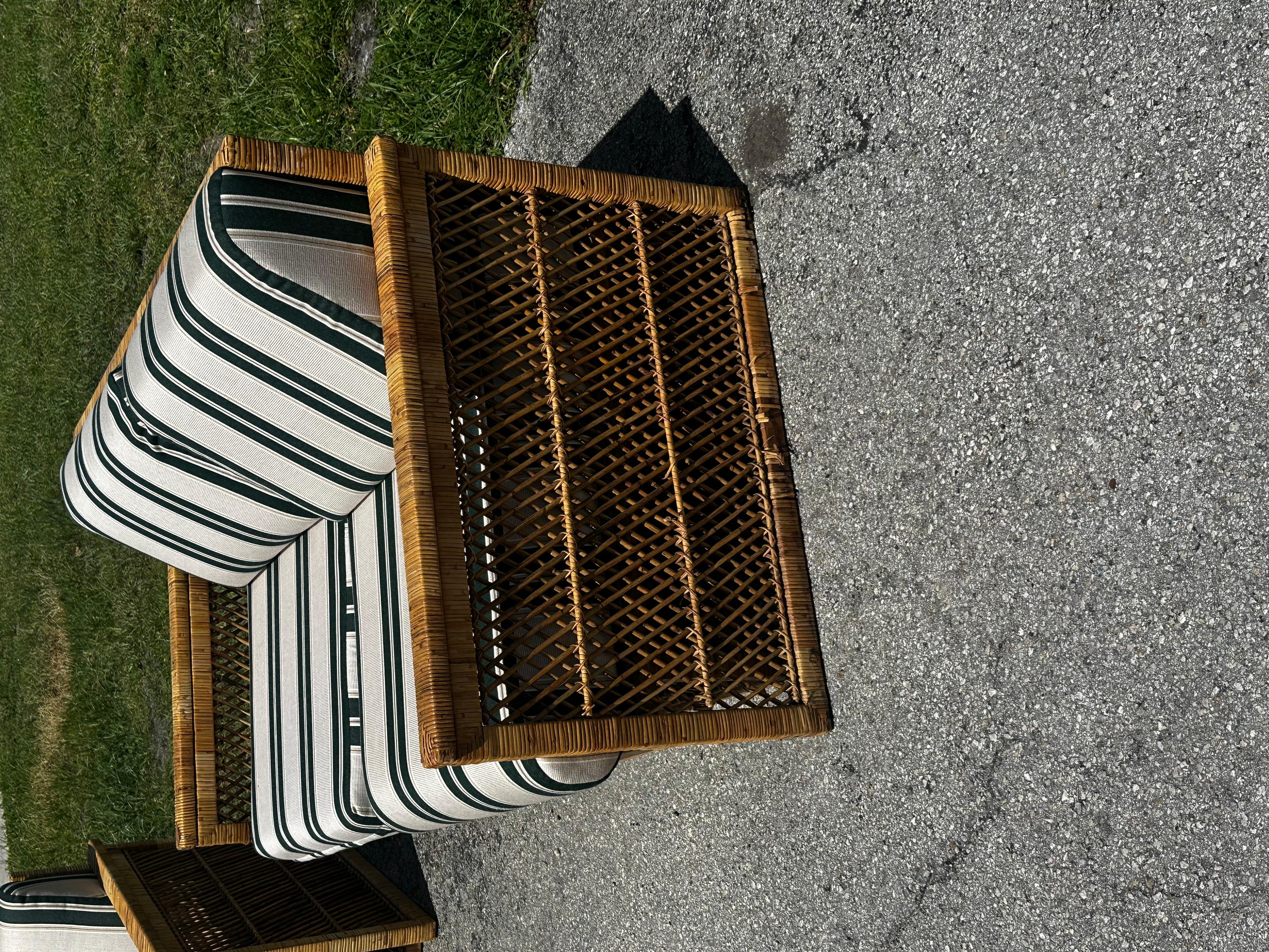 1970s Fine Rattan Green White Stripes McGuire Style Settee Sofa, set of 2 For Sale 7