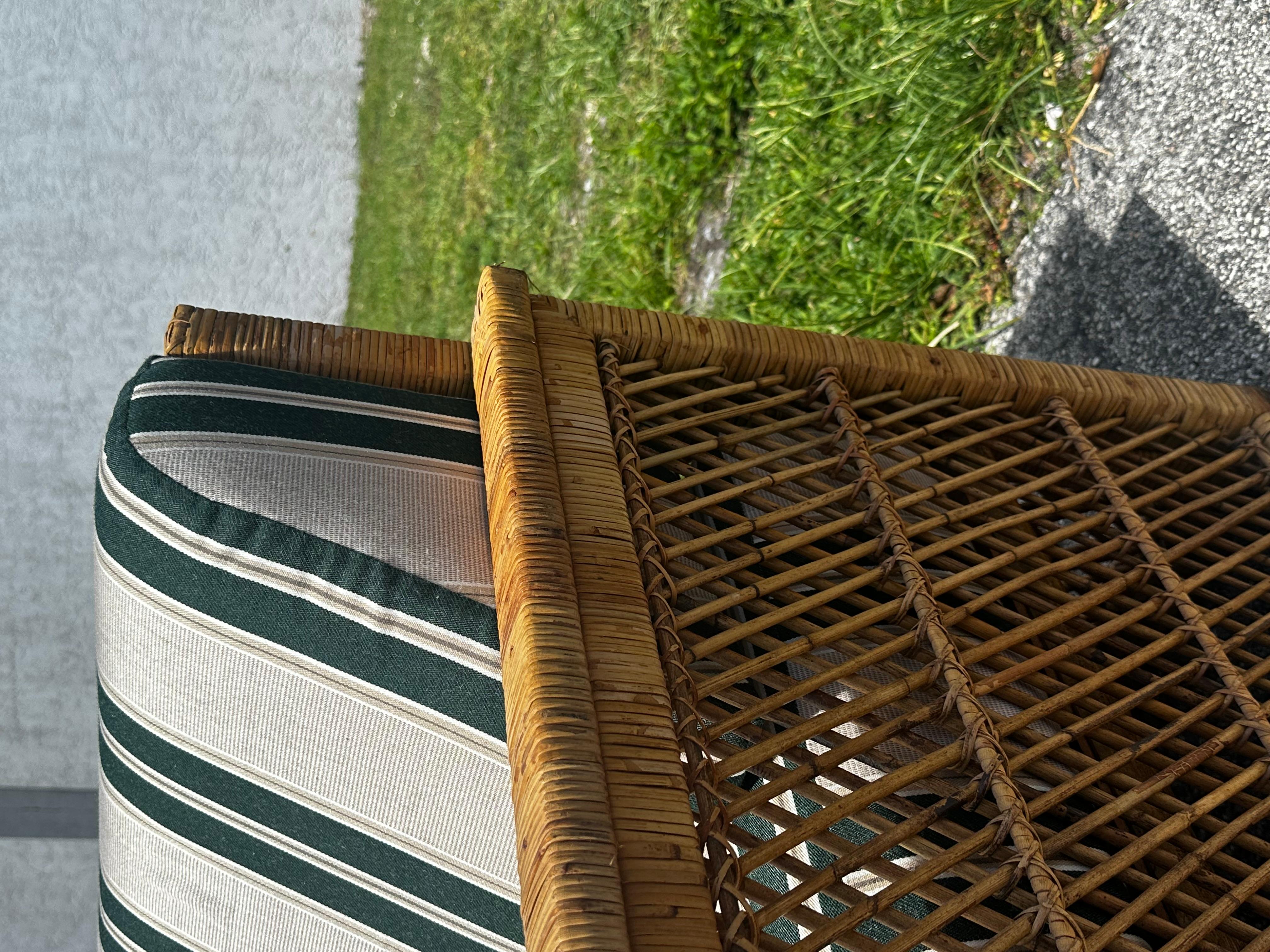 1970s Fine Rattan Green White Stripes McGuire Style Settee Sofa, set of 2 For Sale 9