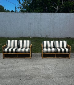 Divano in rattan anni '70 a strisce bianche e verdi stile McGuire, set di 2
