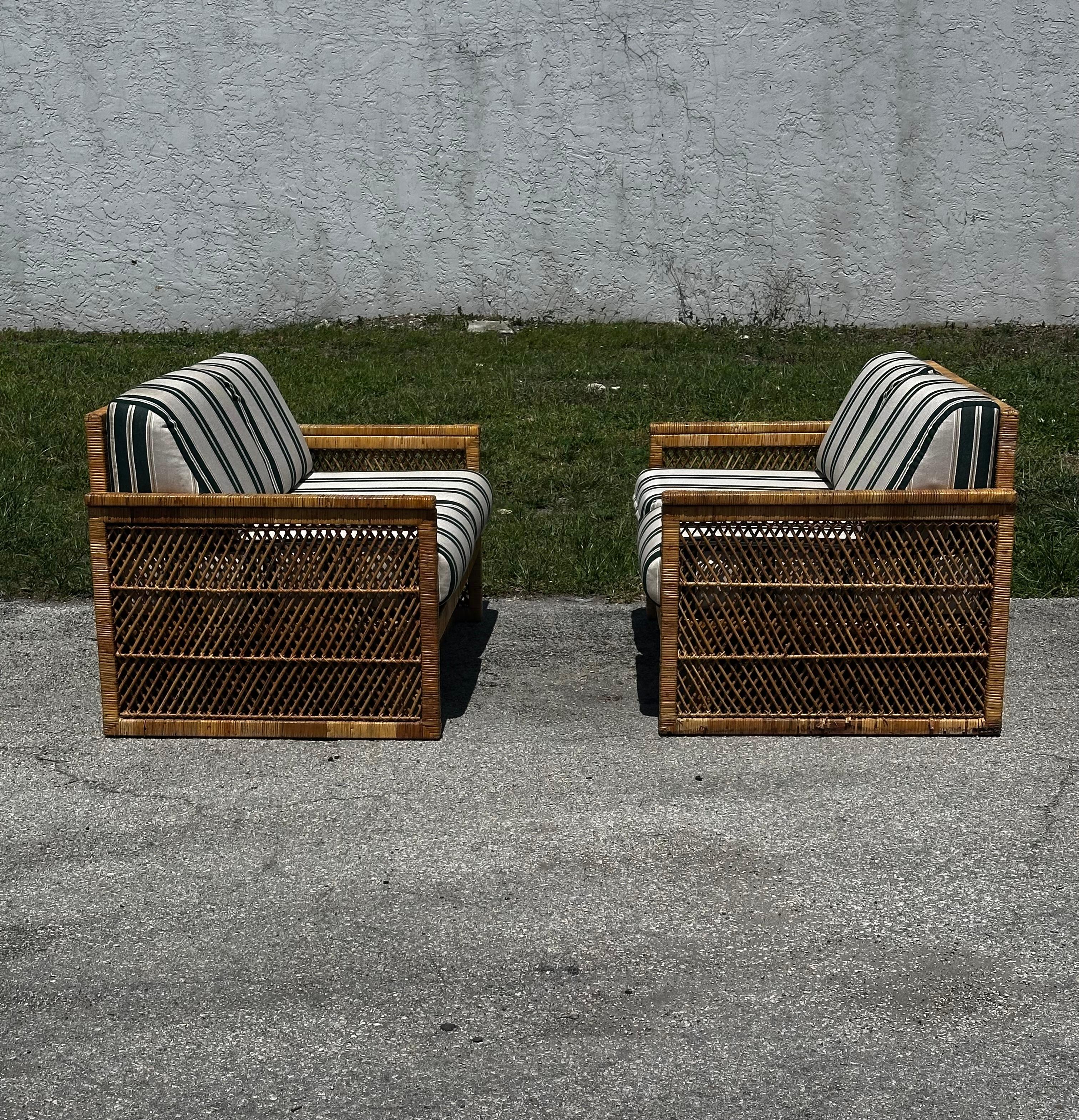 Bohemian 1970s Fine Rattan Green White Stripes McGuire Style Settee Sofa, set of 2 For Sale