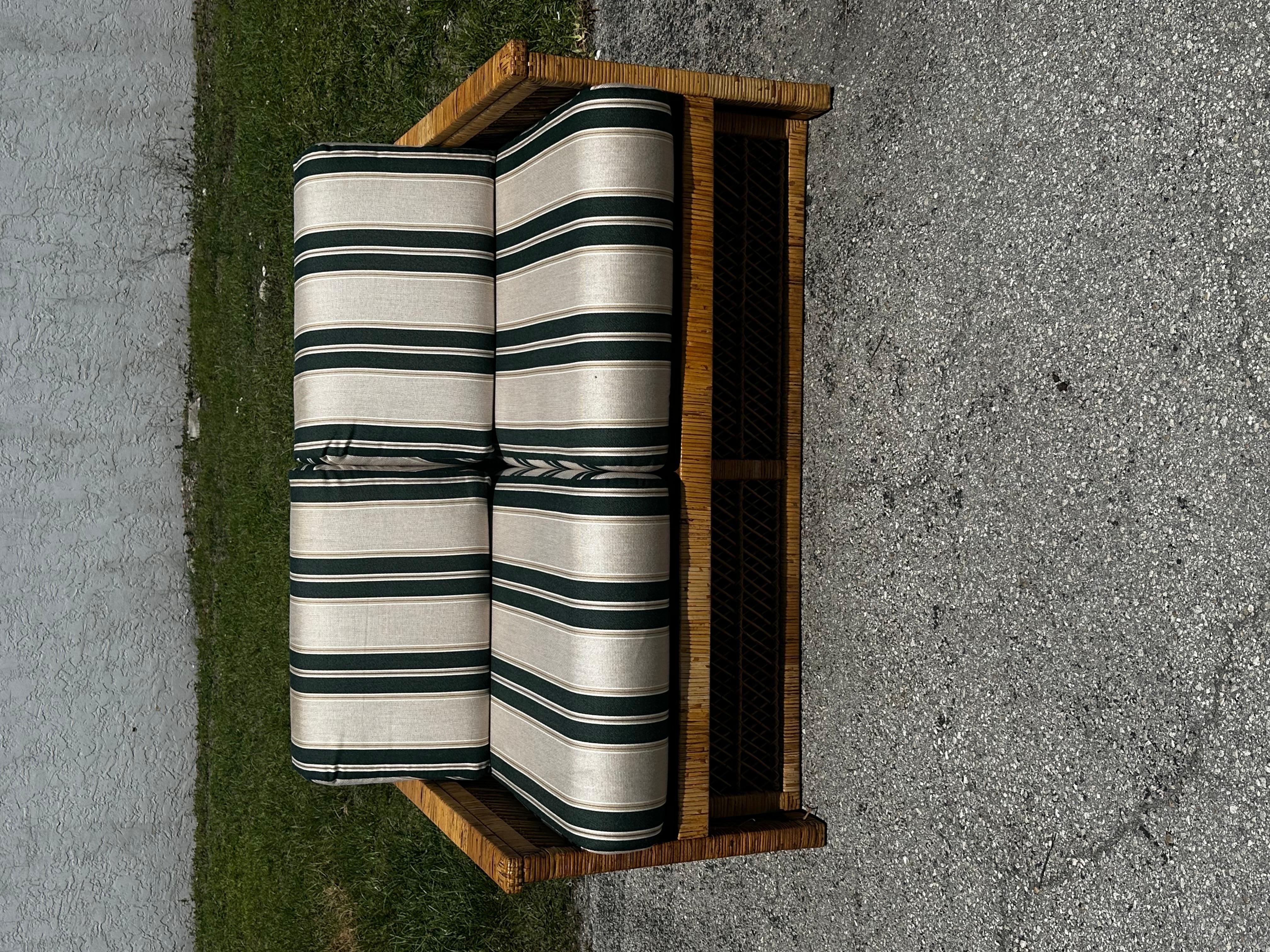 1970s Fine Rattan Green White Stripes McGuire Style Settee Sofa, set of 2 In Good Condition For Sale In Fort Lauderdale, FL