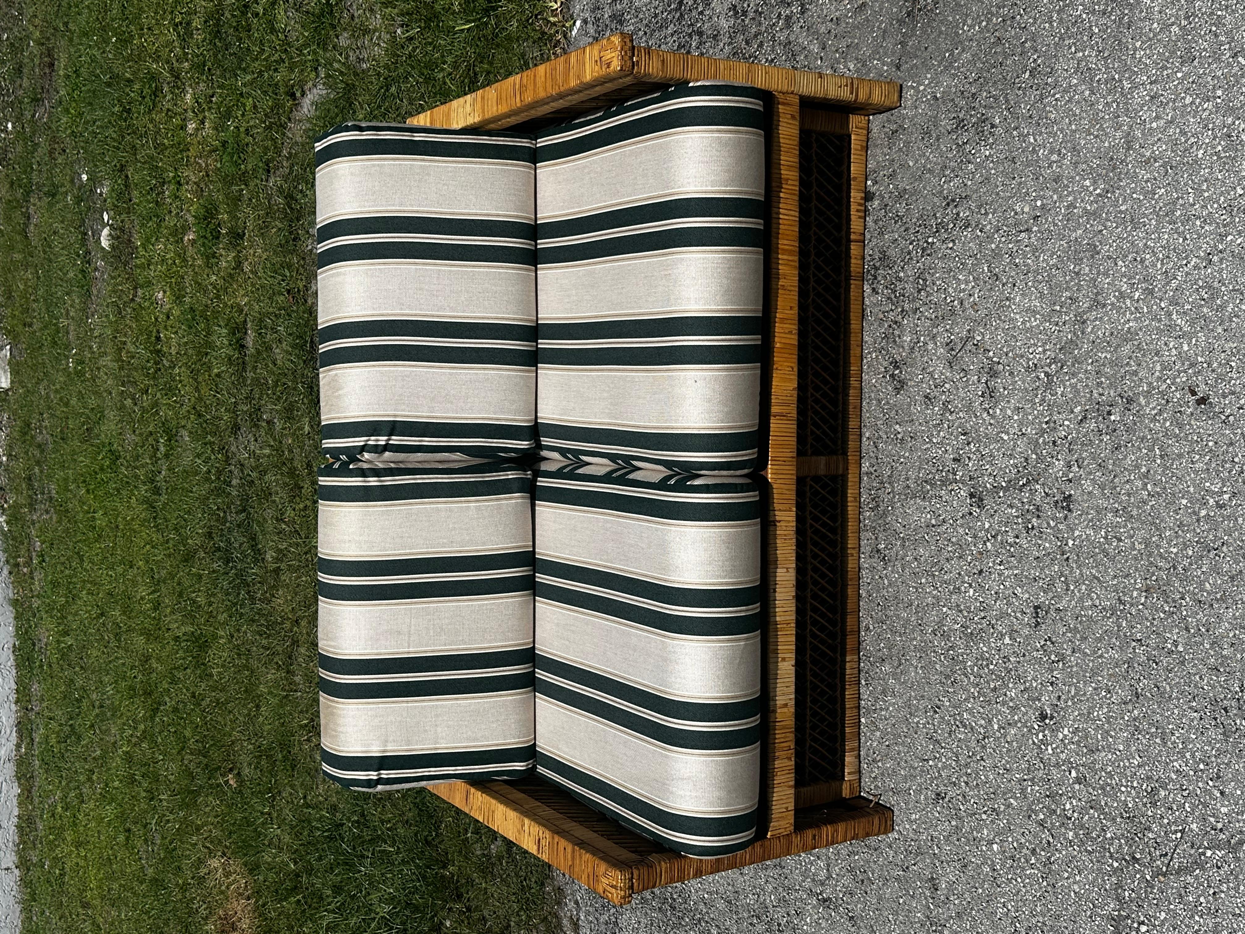 Late 20th Century 1970s Fine Rattan Green White Stripes McGuire Style Settee Sofa, set of 2 For Sale