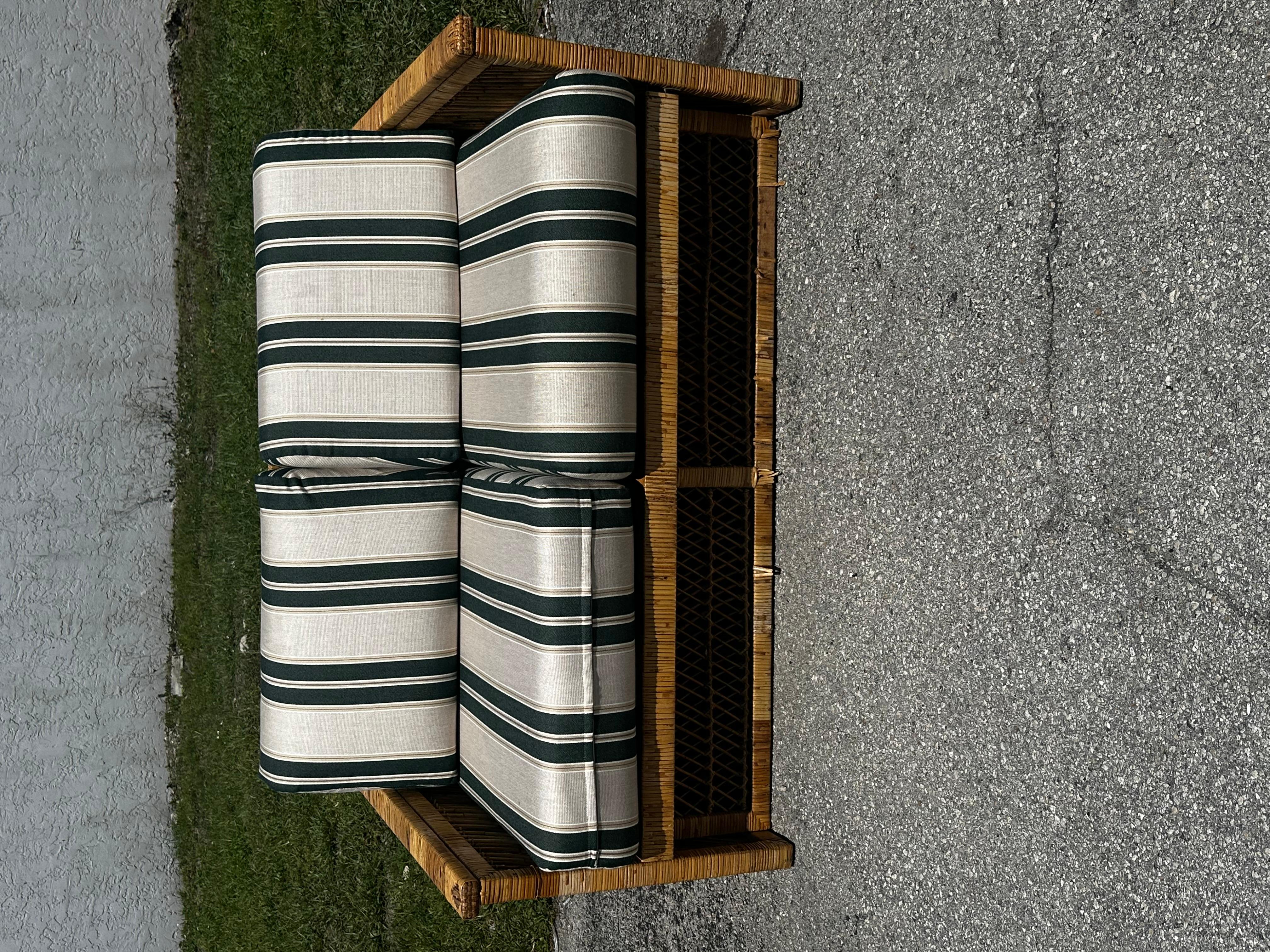 Upholstery 1970s Fine Rattan Green White Stripes McGuire Style Settee Sofa, set of 2 For Sale