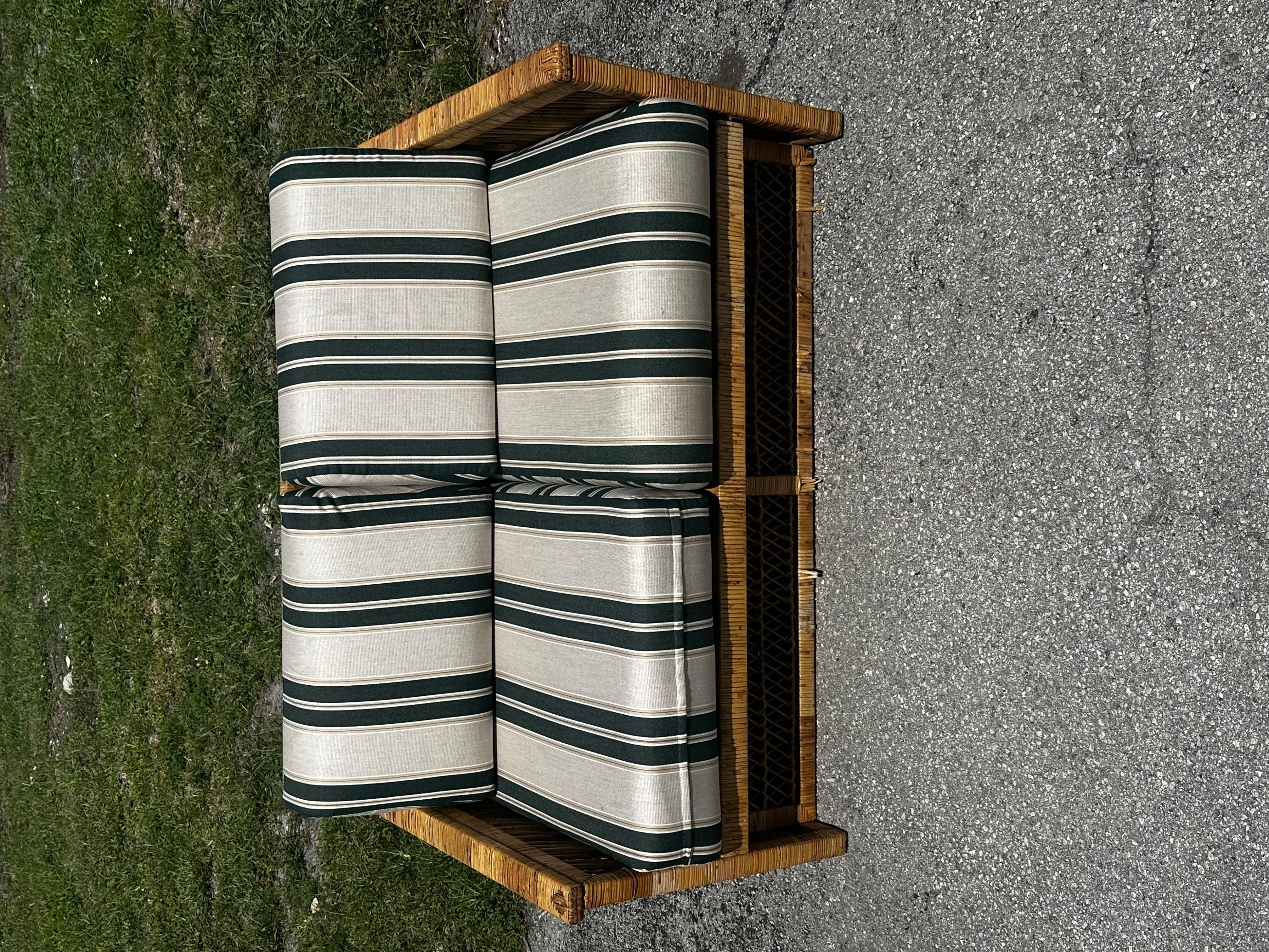 1970s Fine Rattan Green White Stripes McGuire Style Settee Sofa, set of 2 For Sale 1