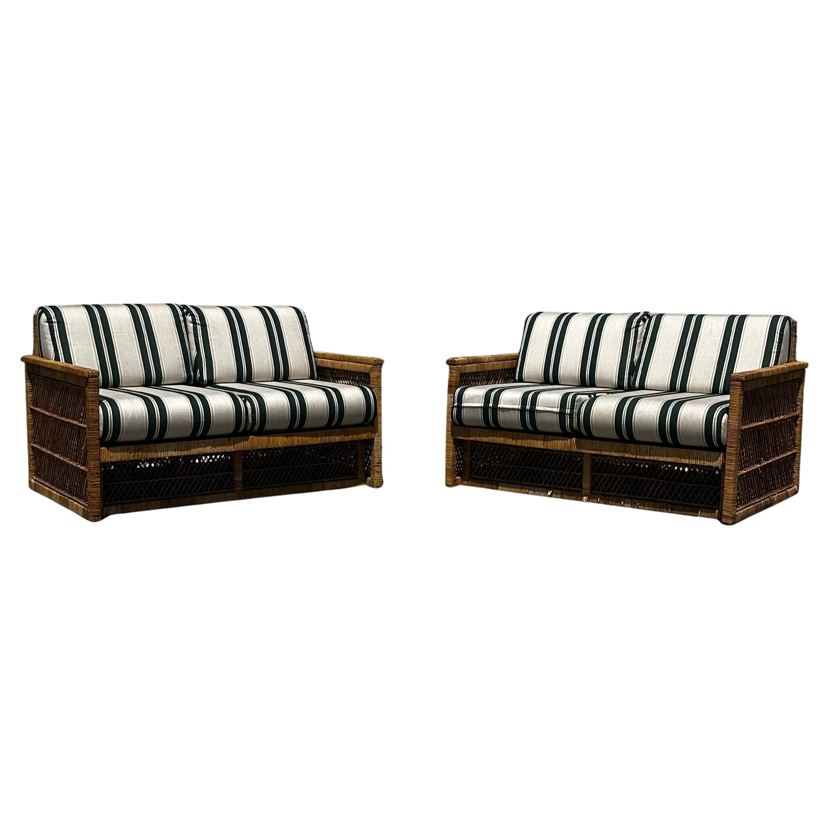 1970s Fine Rattan Green White Stripes McGuire Style Settee Sofa, set of 2 For Sale