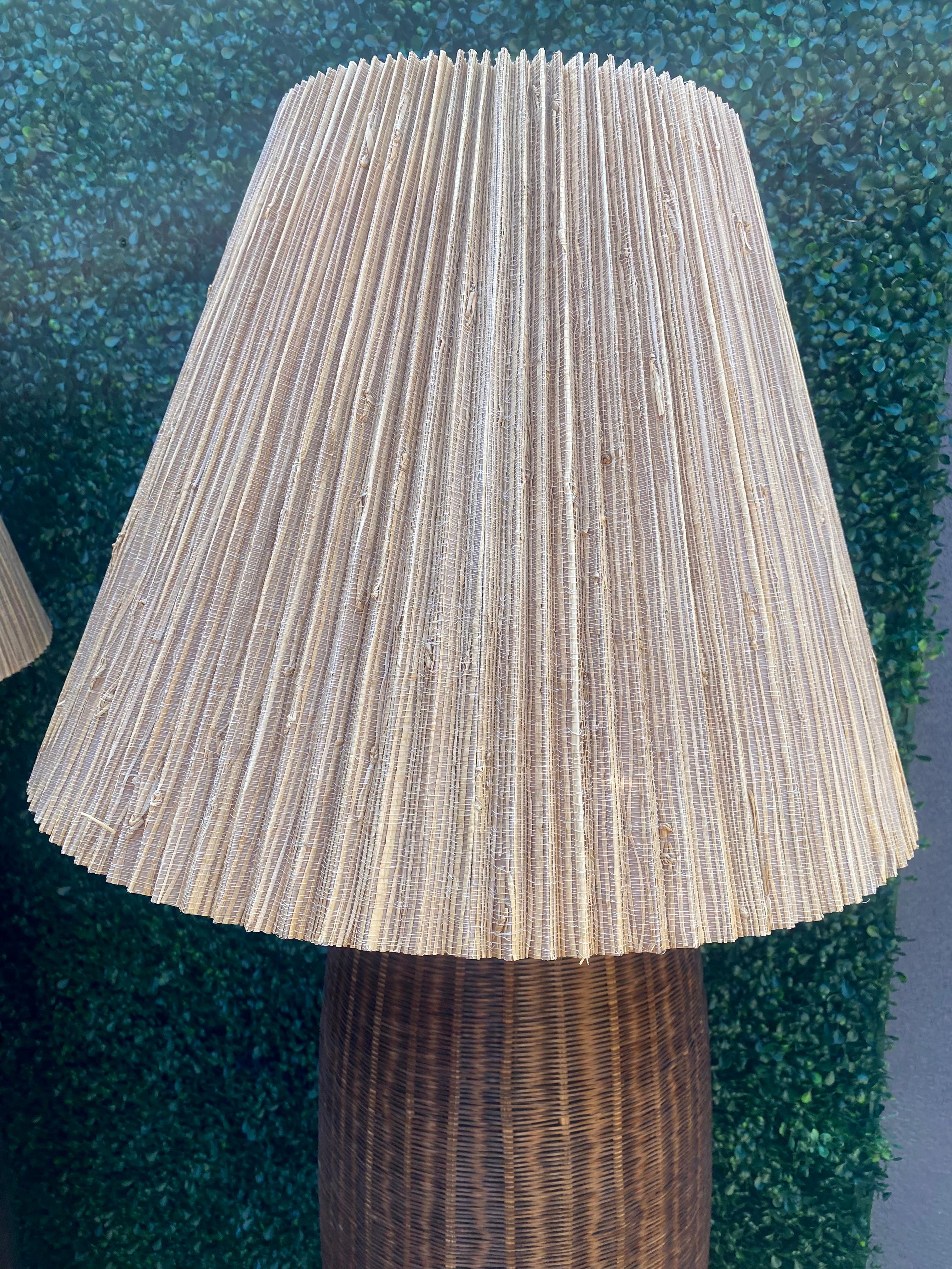 1970s Fine Rattan Wicker Vessel Floor Lamps With Shades, Set of 2 For Sale 5