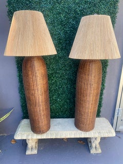 1970s Fine Rattan Wicker Vessel Floor Lamps With Shades, Set of 2