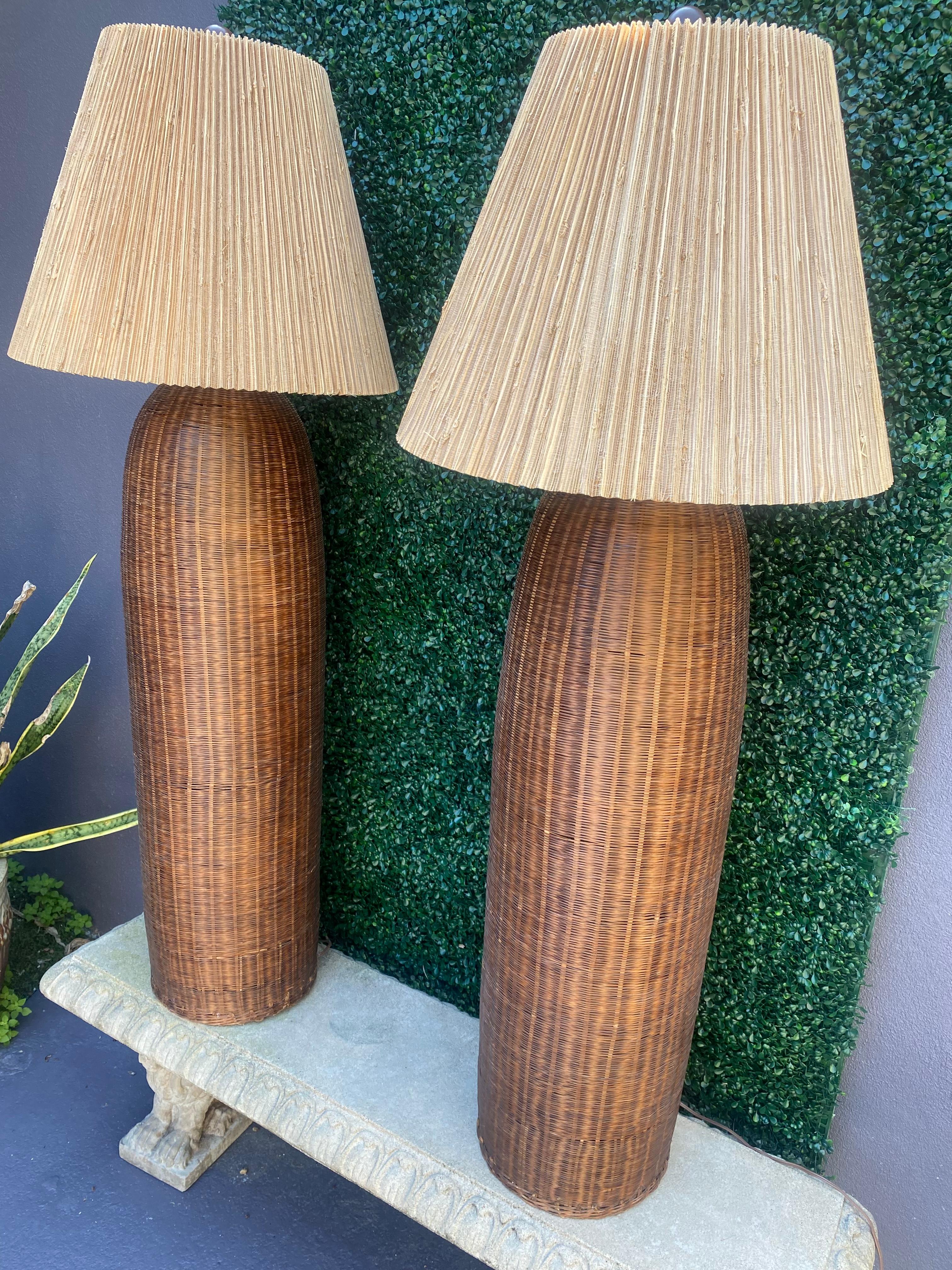 Mid-Century Modern 1970s Fine Rattan Wicker Vessel Floor Lamps With Shades, Set of 2 For Sale