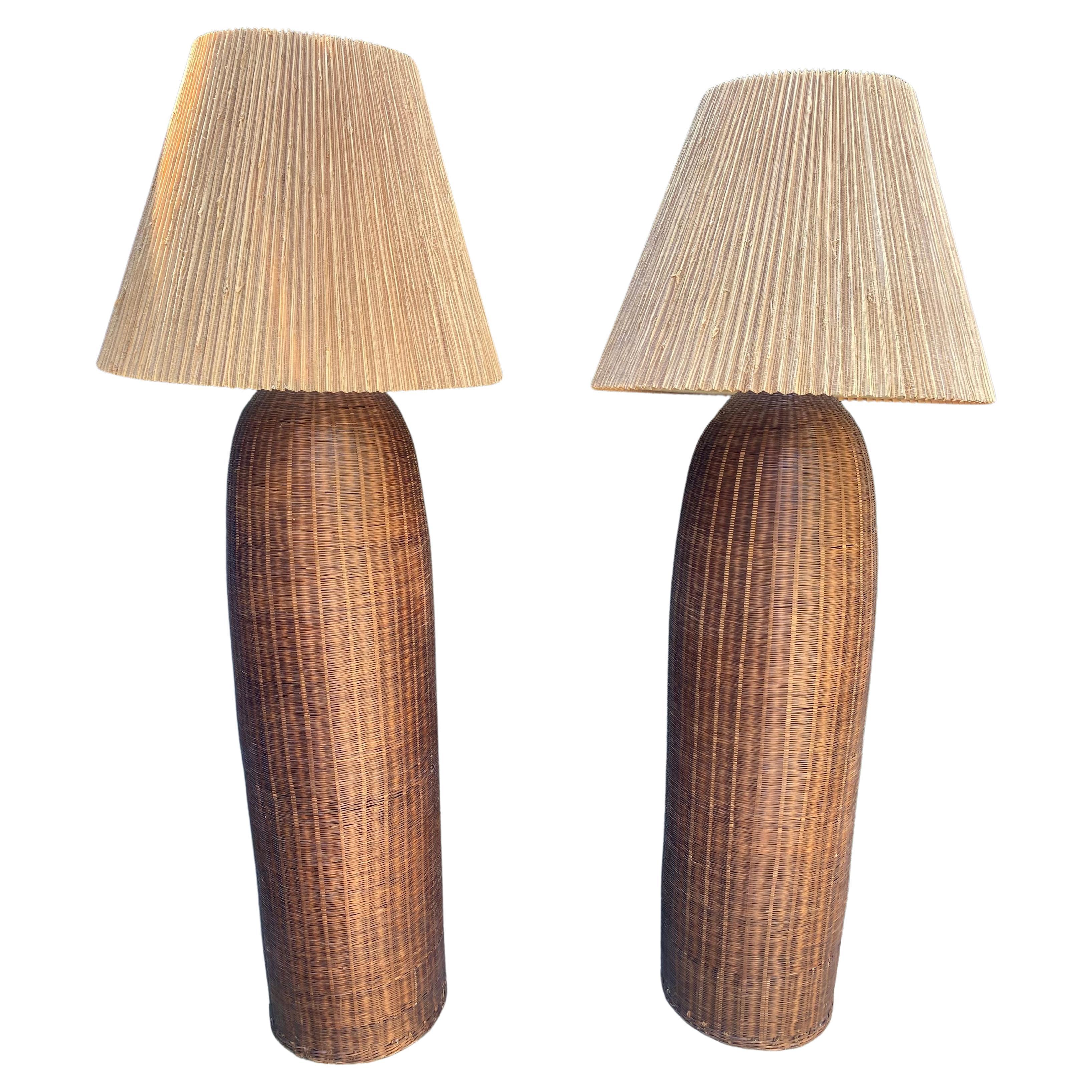 1970s Fine Rattan Wicker Vessel Floor Lamps With Shades, Set of 2 For Sale