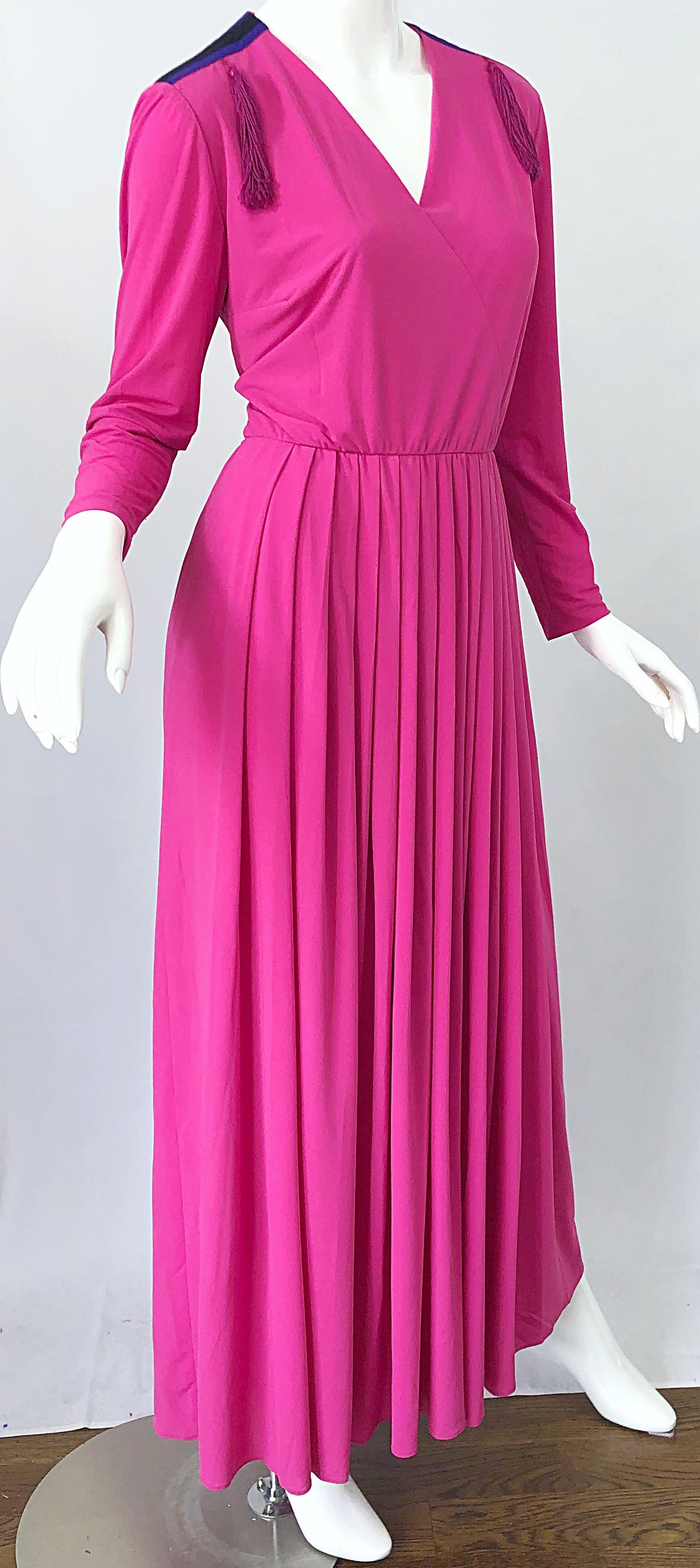 1970s Fink Modell Hot Pink Tassel Rayon Jersey Vintage 70s Maxi Dress Gown For Sale 3