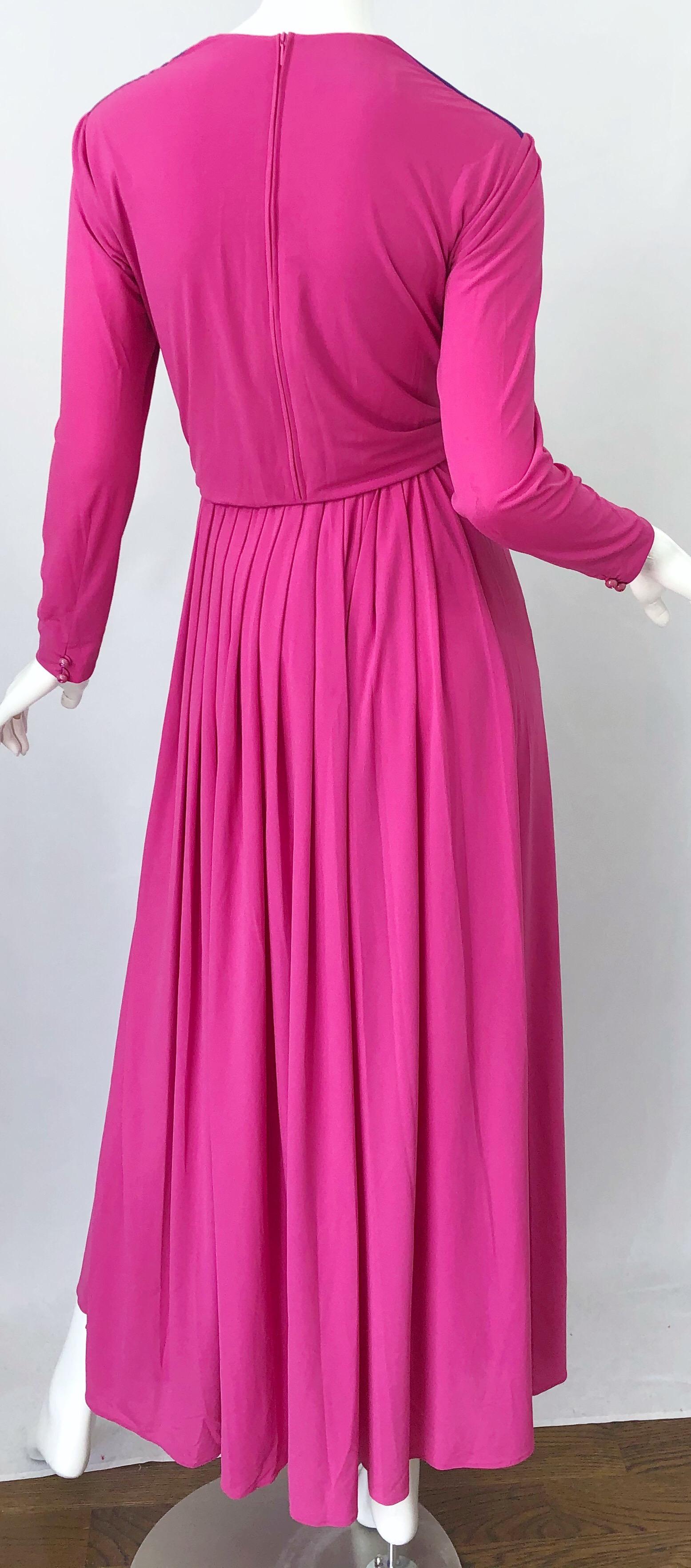 1970s Fink Modell Hot Pink Tassel Rayon Jersey Vintage 70s Maxi Dress Gown For Sale 4