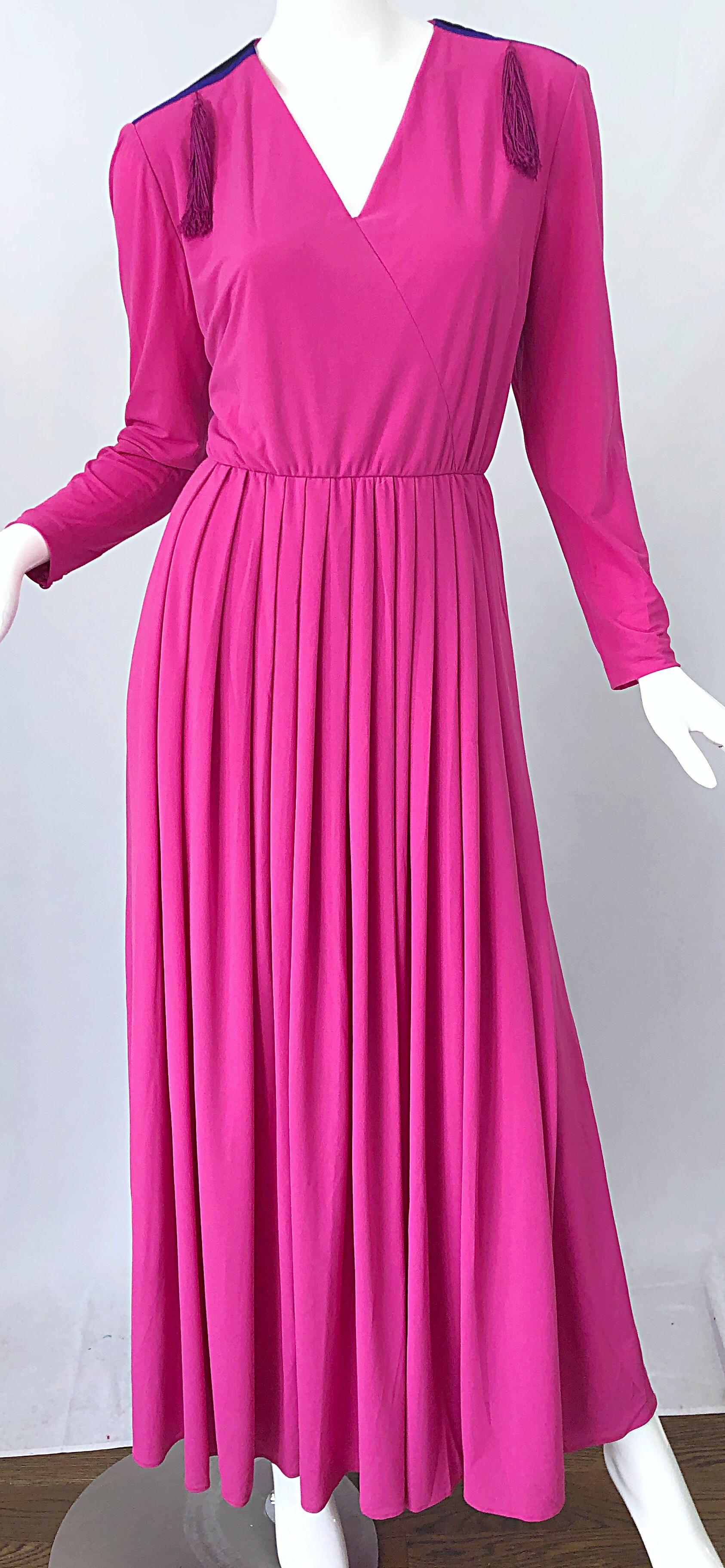 1970s Fink Modell Hot Pink Tassel Rayon Jersey Vintage 70s Maxi Dress Gown For Sale 5