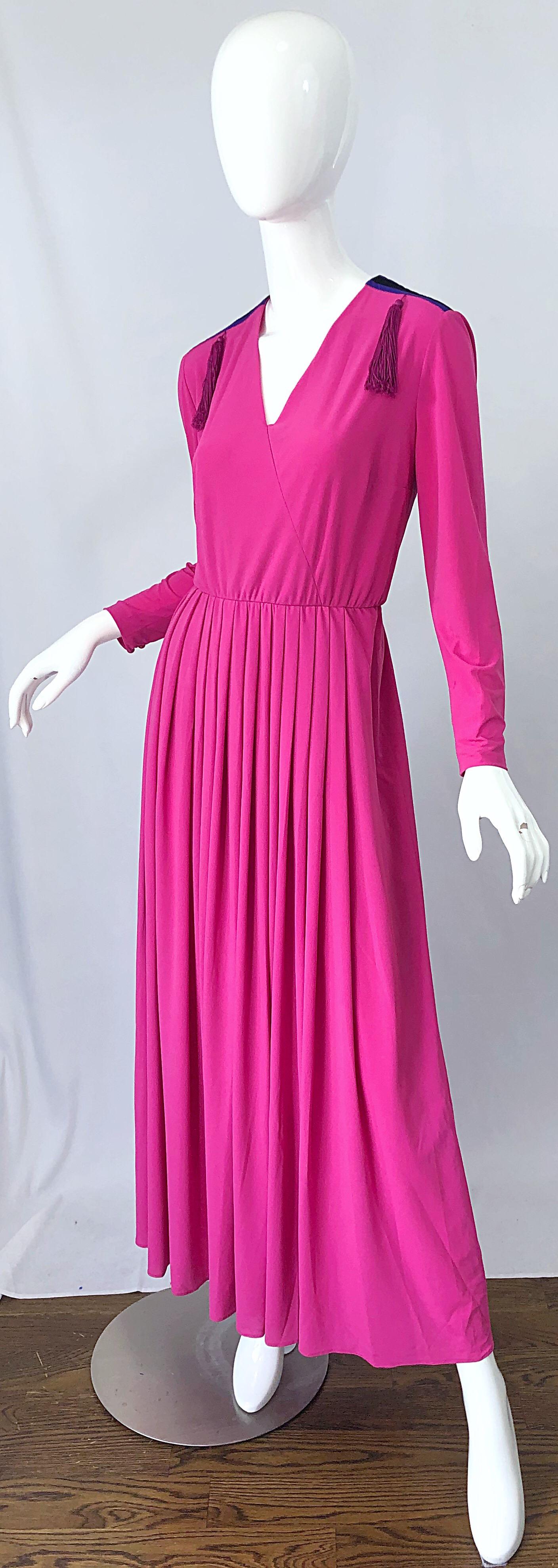 Women's 1970s Fink Modell Hot Pink Tassel Rayon Jersey Vintage 70s Maxi Dress Gown For Sale