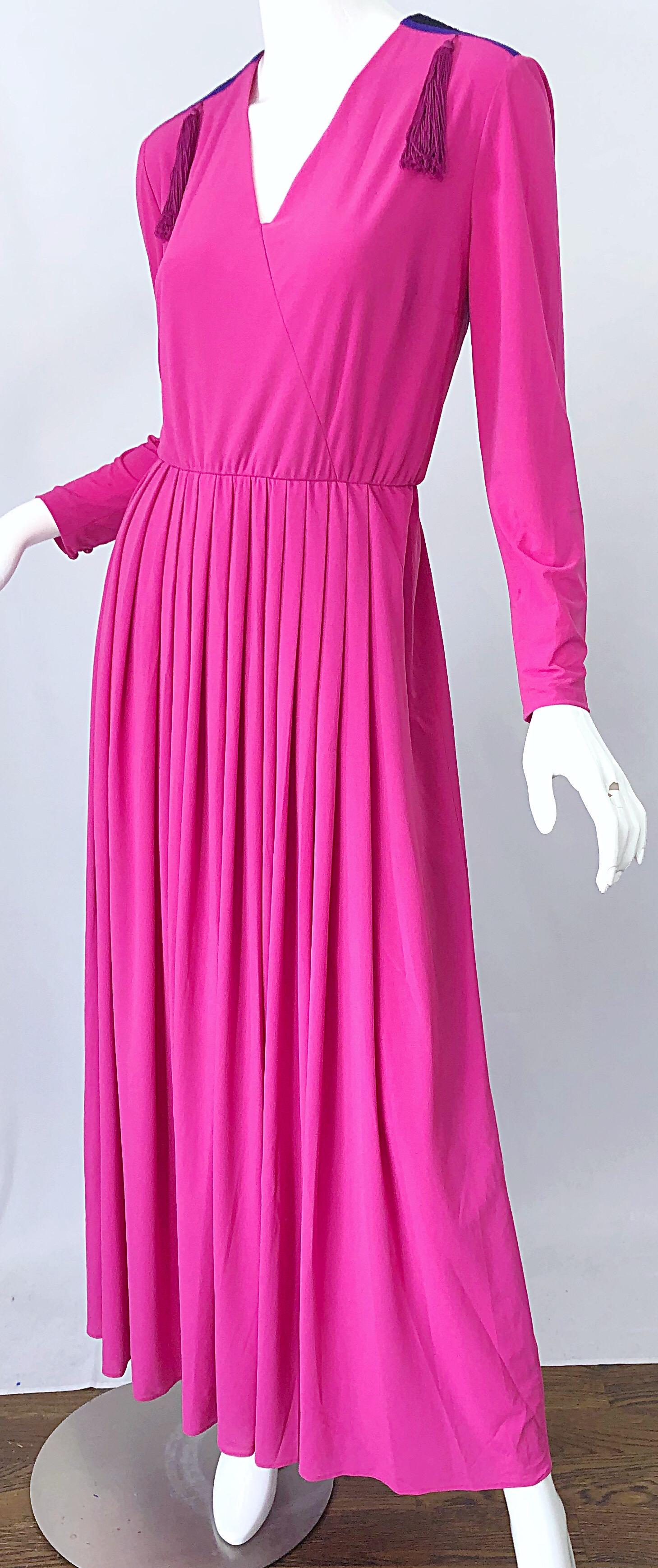 1970s Fink Modell Hot Pink Tassel Rayon Jersey Vintage 70s Maxi Dress Gown For Sale 1