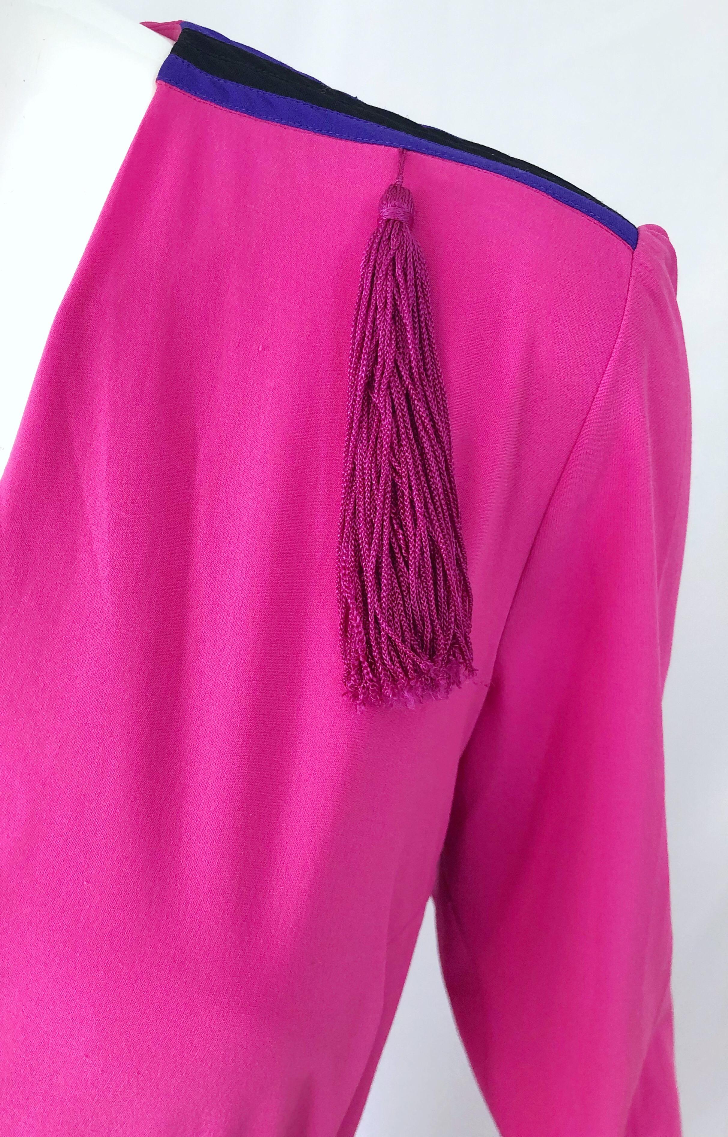 1970s Fink Modell Hot Pink Tassel Rayon Jersey Vintage 70s Maxi Dress Gown For Sale 2