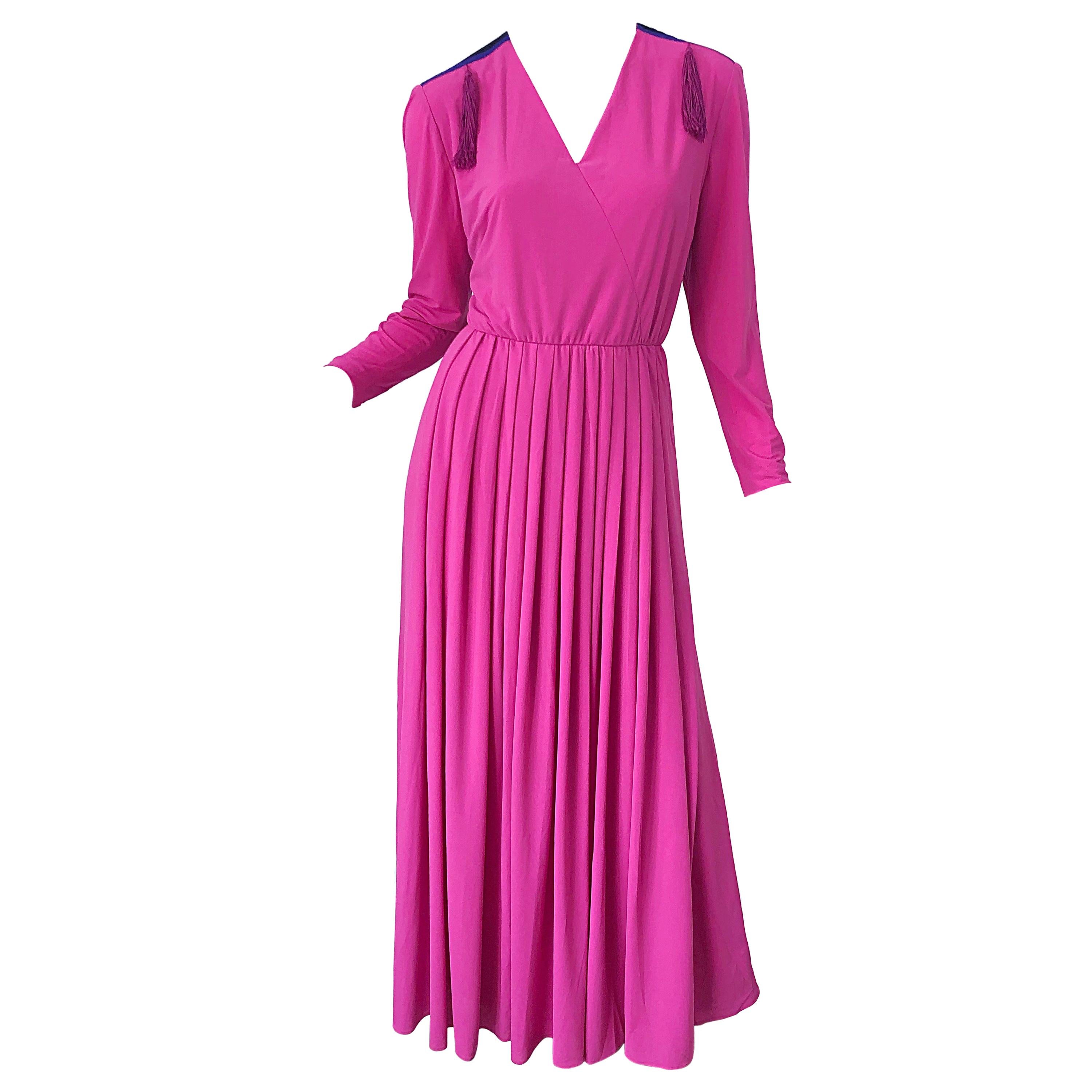 1970s Fink Modell Hot Pink Tassel Rayon Jersey Vintage 70s Maxi Dress Gown For Sale