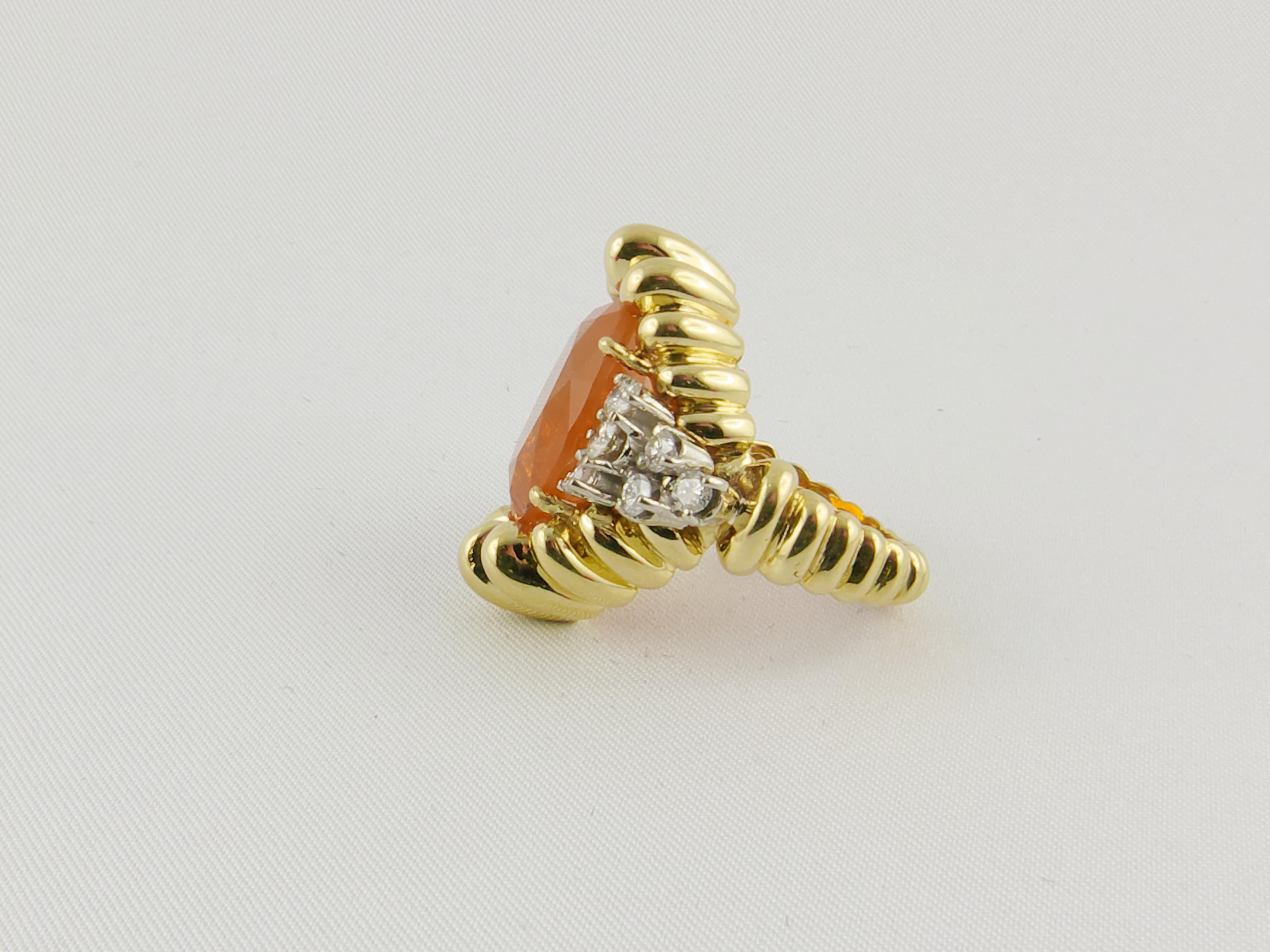 Mixed Cut 1970s Fire Opal, Yellow Gold and Diamond Ring