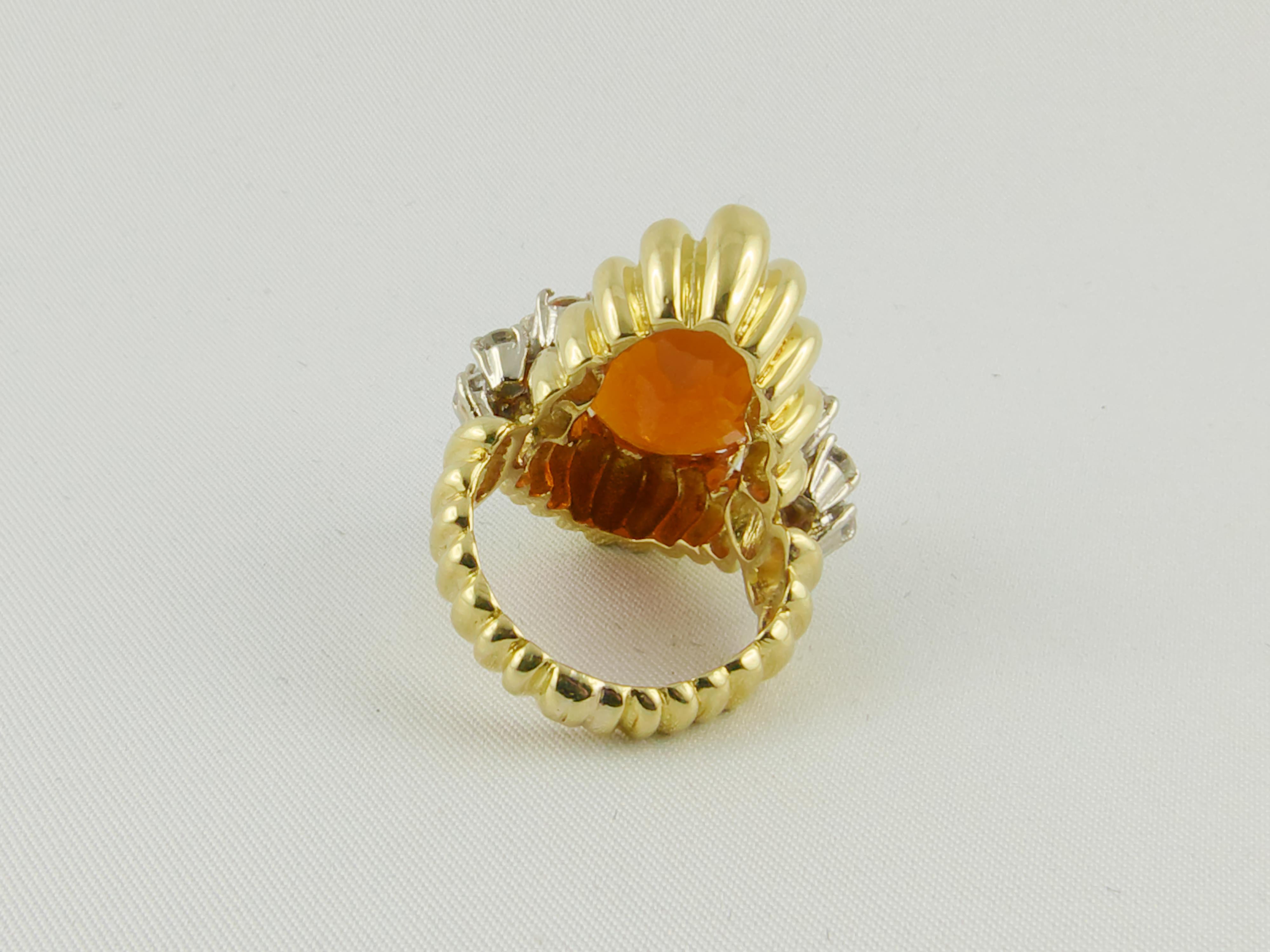 1970s Fire Opal, Yellow Gold and Diamond Ring In Good Condition In Torino, IT