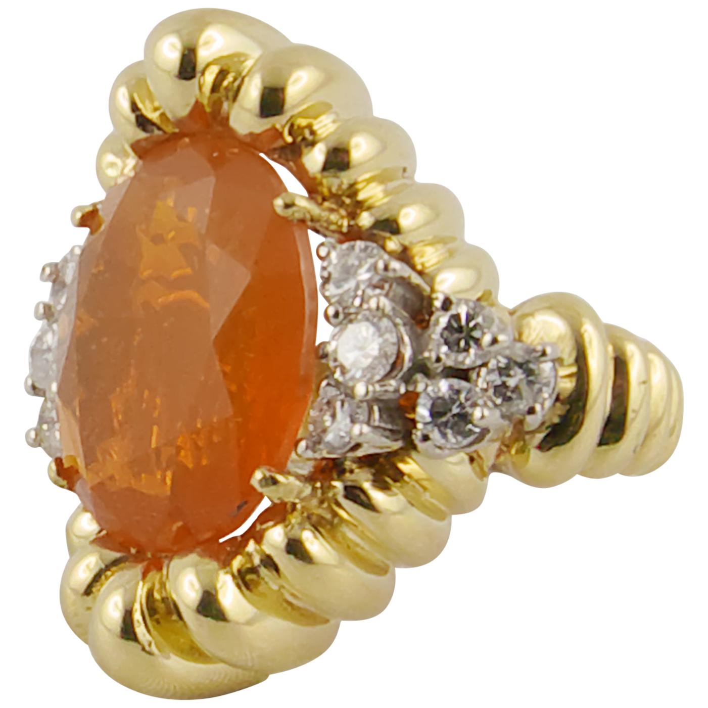 1970s Fire Opal, Yellow Gold and Diamond Ring