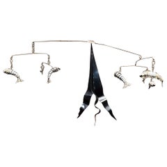 1970s Fish Mobile Kinetic Table Sculpture Metal and Silver
