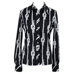 1970s Fitted Black & White Knotted Rope Print Jersey Blouse Size S