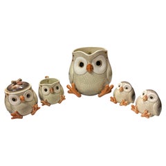 1970 Fitz and Floyd Hand Painted Owl Tea Set Tea Pot Creamer Sugar Salt Pepper