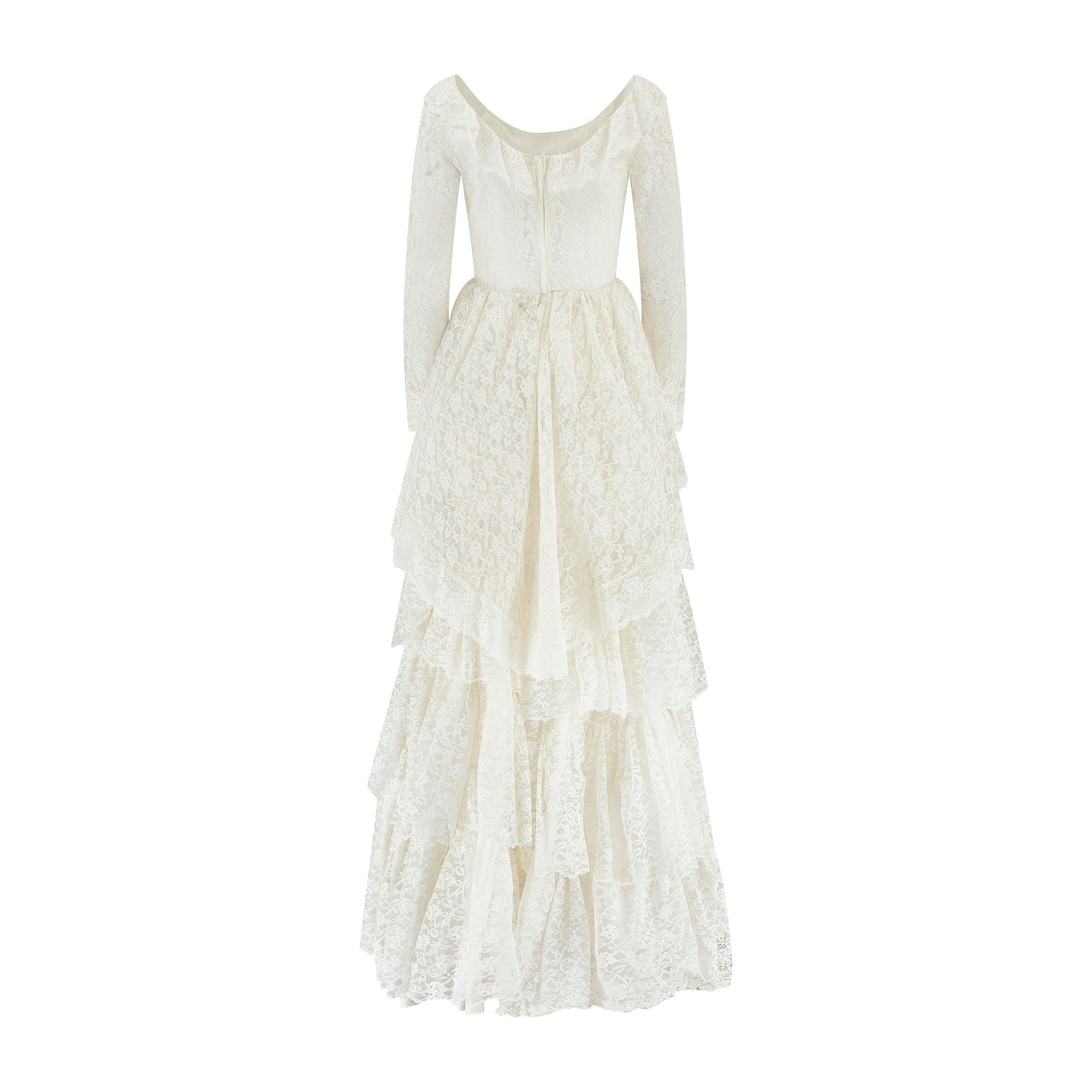 Beige 1970s Five Tier Lace Wedding Dress with Wide Neckline For Sale