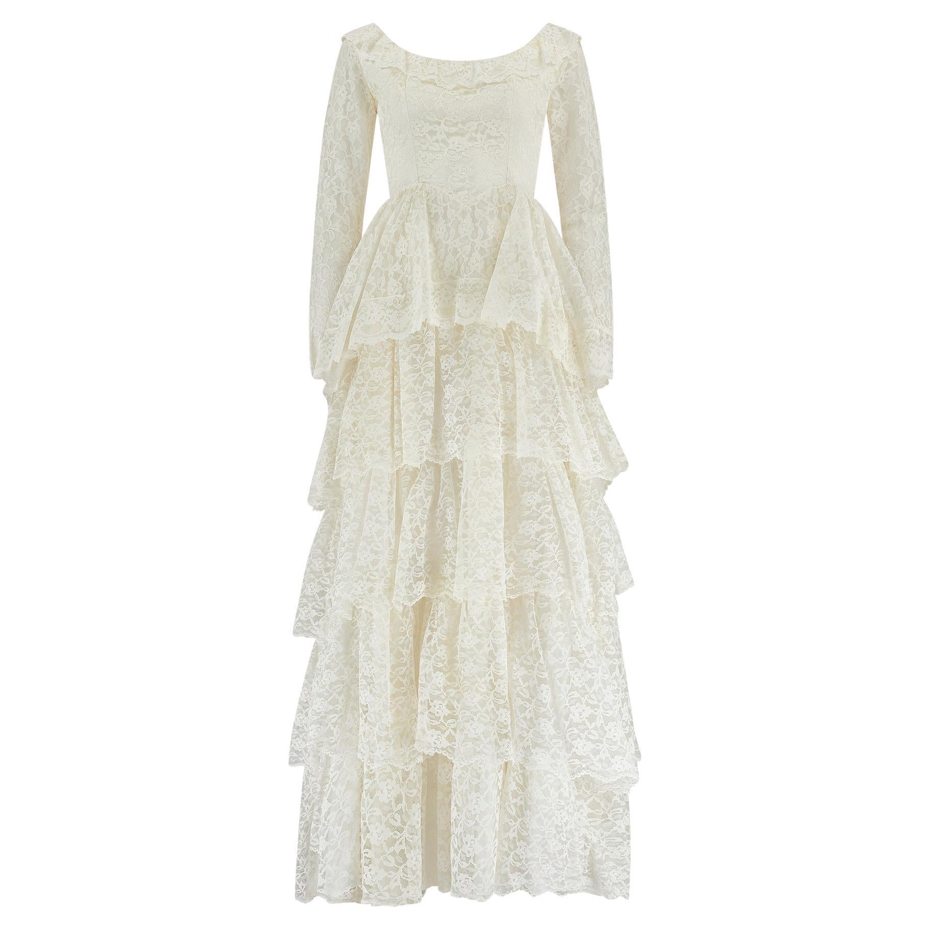 1970s Five Tier Lace Wedding Dress with Wide Neckline For Sale
