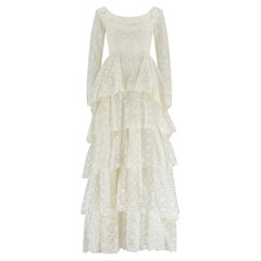 1970s Five Tier Lace Wedding Dress with Wide Neckline
