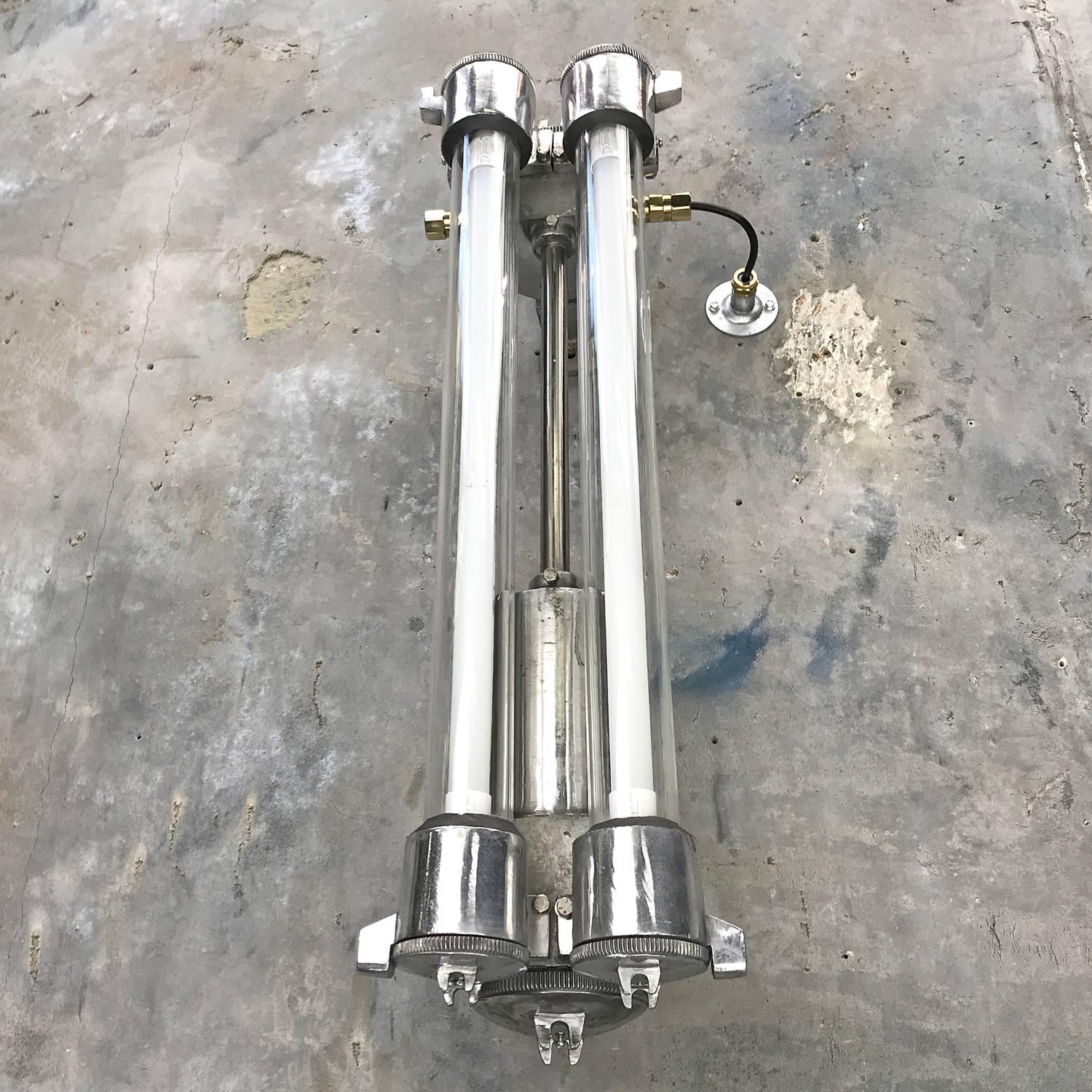 1970s Flame Proof Industrial Cast Aluminium, Glass and Brass Wall Light In Excellent Condition For Sale In Leicester, Leicestershire