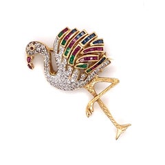 Flamingo Pin featuring Ruby, Sapphire, Emerald in 18 Karat Yellow Gold