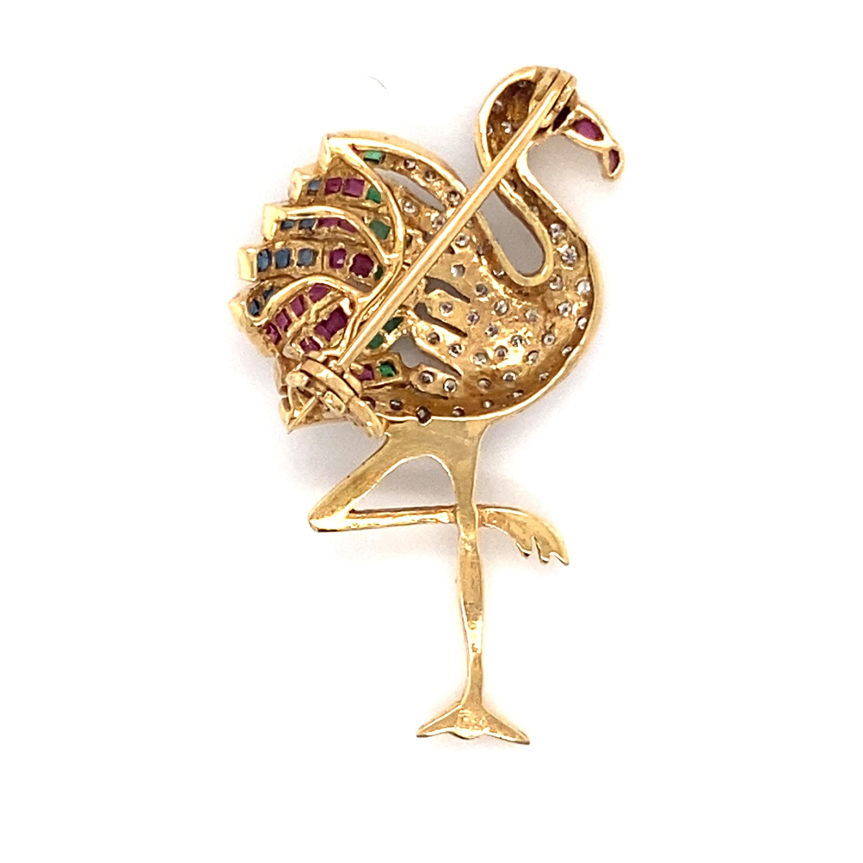 Contemporary 1970s Flamingo Pin featuring Ruby, Sapphire, Emerald in 18 Karat Yellow Gold For Sale