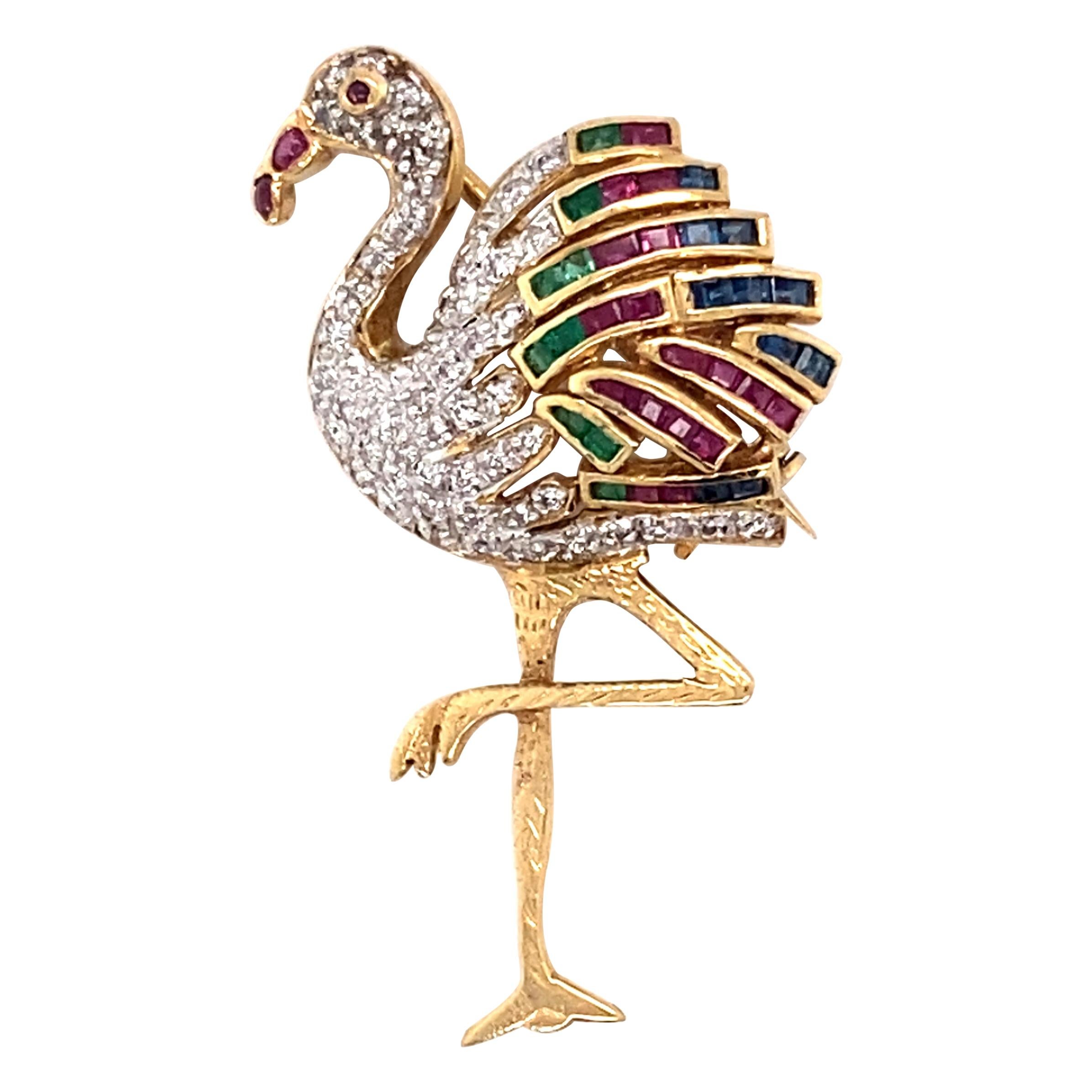 1970s Flamingo Pin featuring Ruby, Sapphire, Emerald in 18 Karat Yellow Gold For Sale