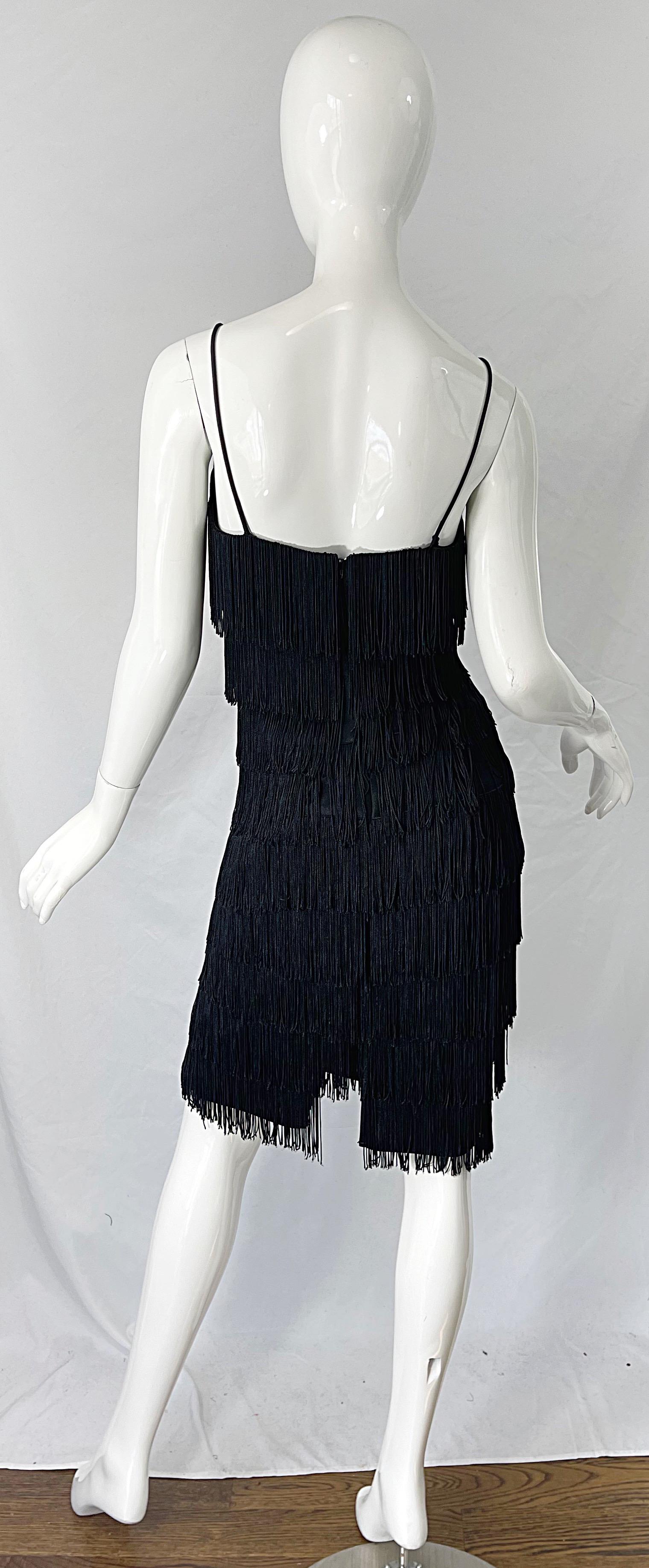 1970s Flapper Style Black Fringe Vintage 70s Does 20s Sleeveless Disco Dress For Sale 3