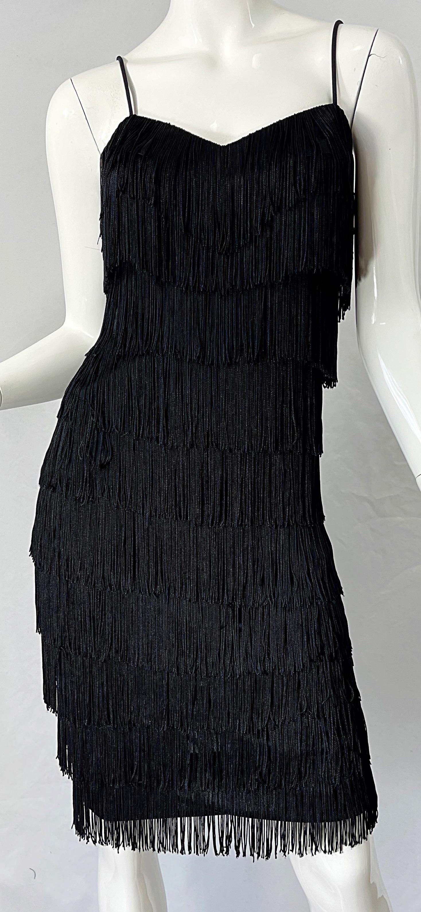 1970s Flapper Style Black Fringe Vintage 70s Does 20s Sleeveless Disco Dress For Sale 4