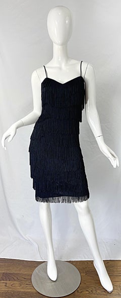 1970s Flapper Style Black Fringe Vintage 70s Does 20s Sleeveless Disco Dress